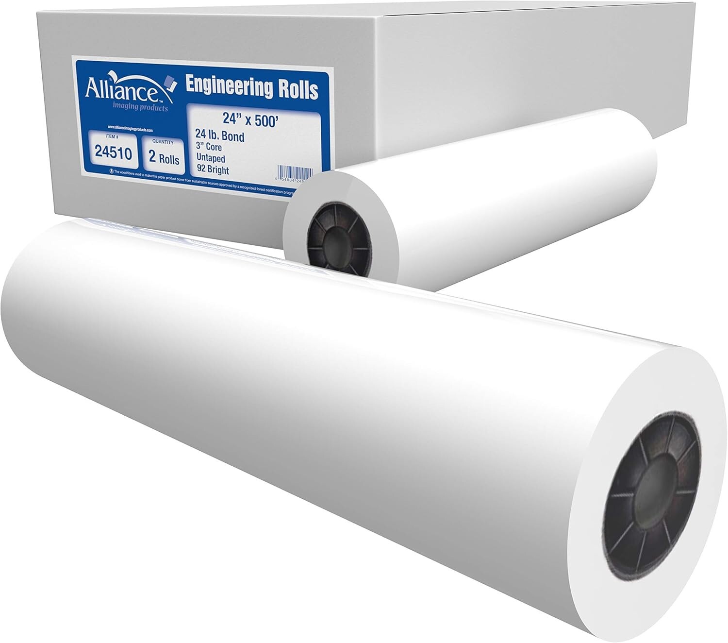 Alliance Wide Format Paper Rolls Bond Engineering 24″ x 500′ x 3″, 24lb. 2 Rolls