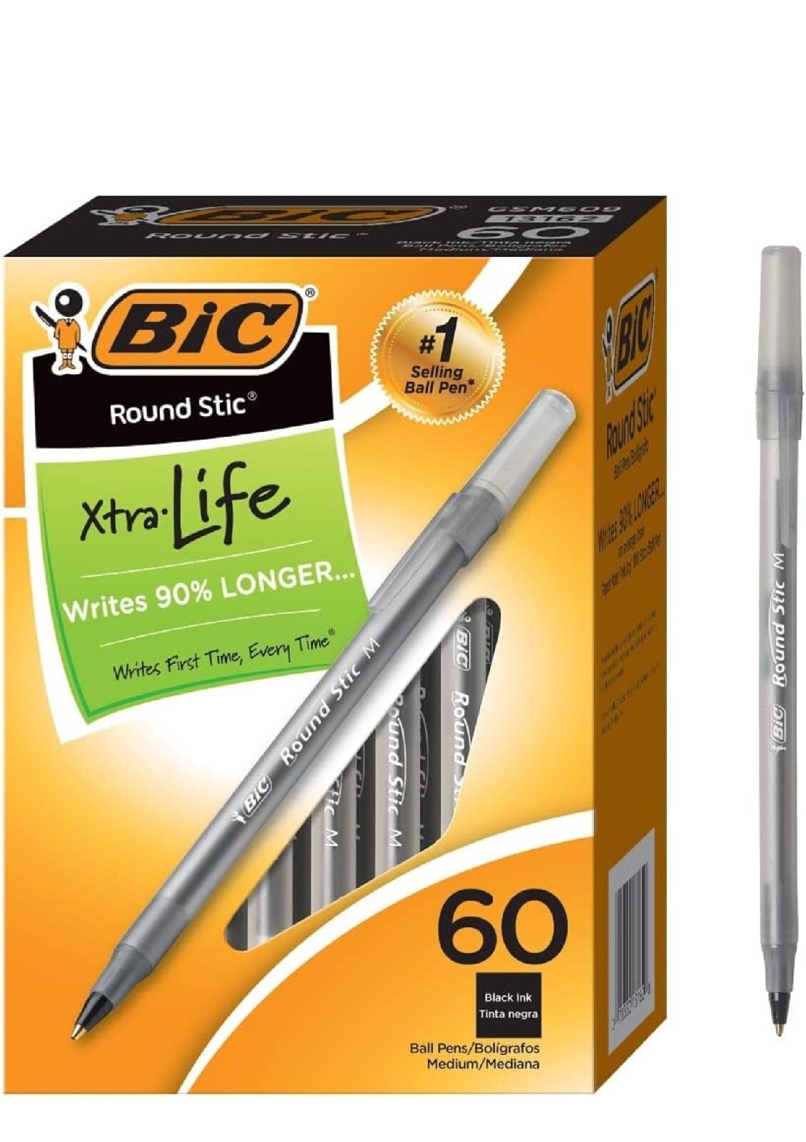 BIC Round Stic Xtra Life Ball Pen, Medium Point, Black, 60-Count New