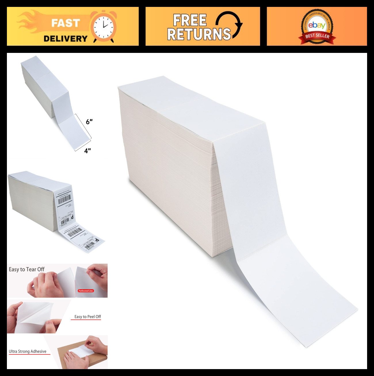 2500 Fanfold 4×6 Thermal Shipping Labels – Direct Thermal, Perforated, Strong Ad