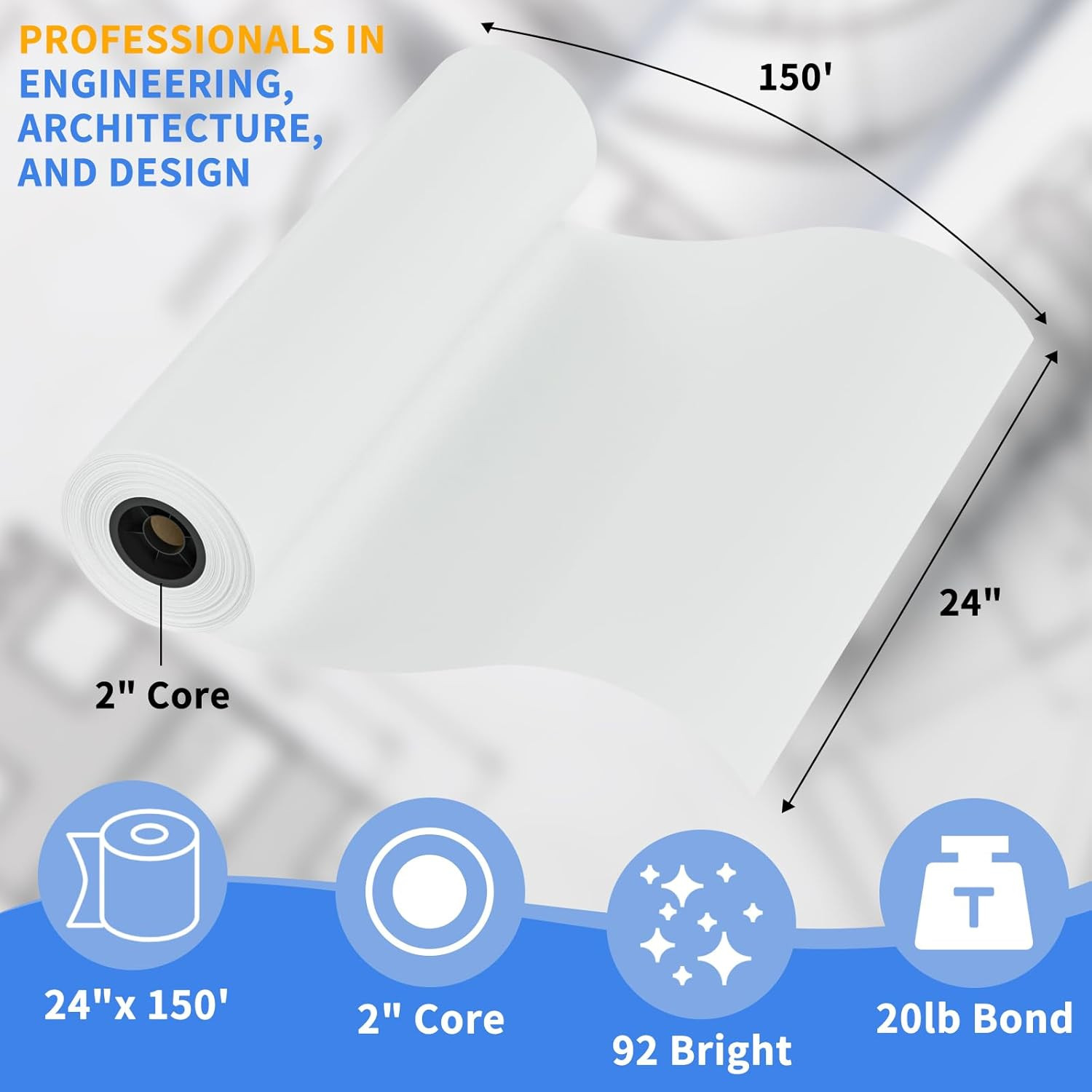 Wide Format Paper – 24″ X 150′ Plotter, 2 Roll CAD Bond, 20 Lb Bond, Paper on 2″