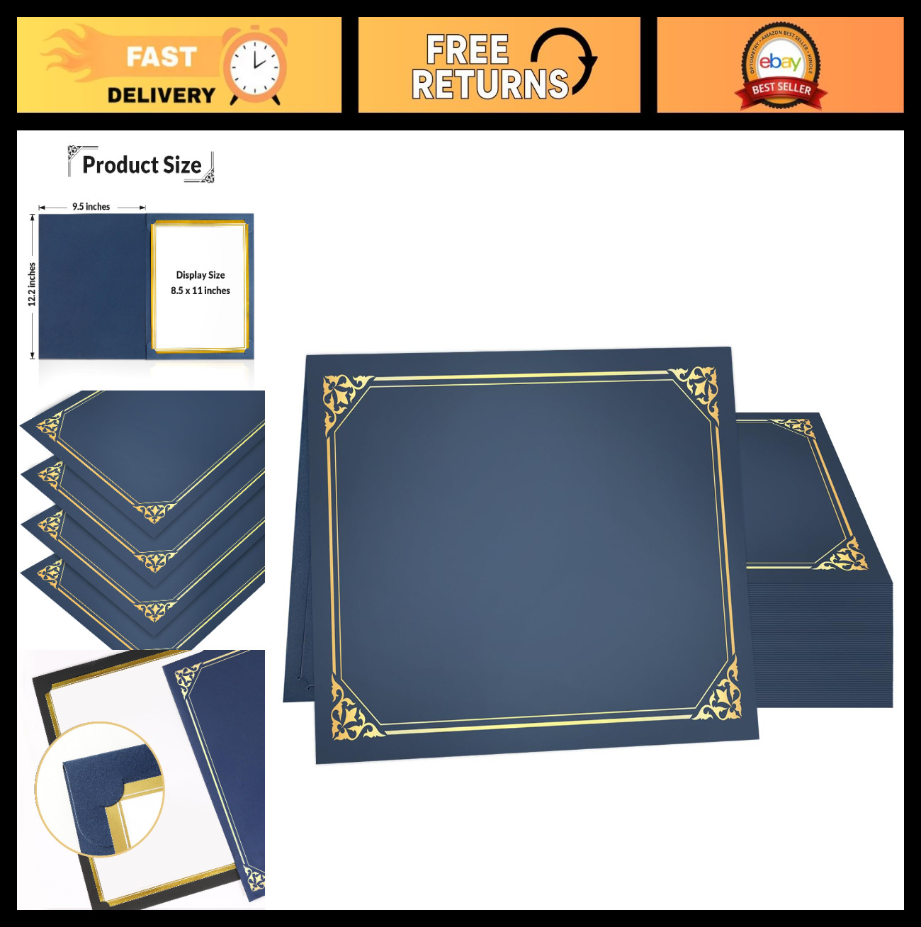 50 Pack Navy Blue Certificate Holders with Gold Foil Border for 8.5×11 Awards