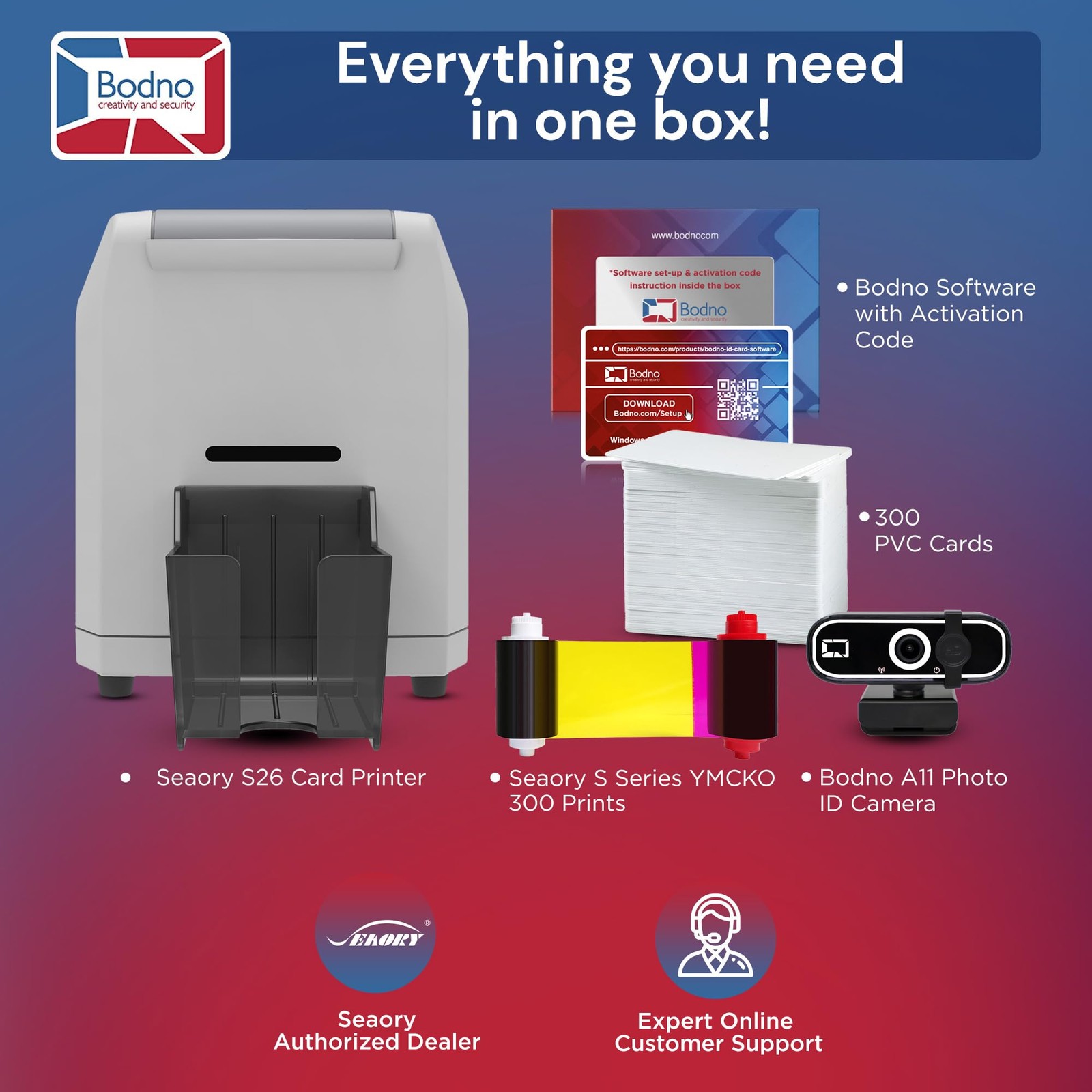 Bodno Seaory S26 Single Sided ID Card Printer & Complete Supplies Package ID