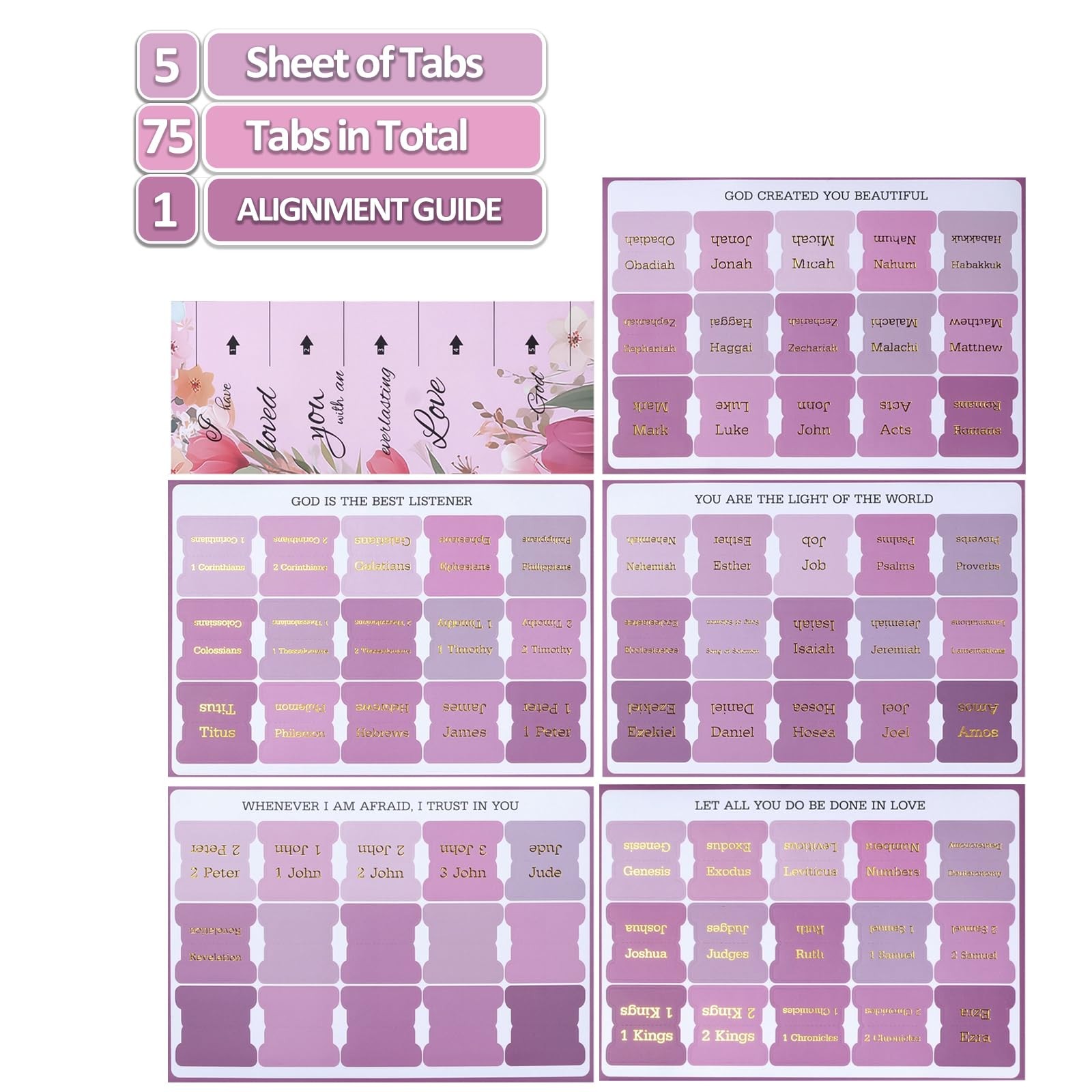 Pink Bible Tabs for Women & Men，Gold Foil Lettering Laminated Bible BookTabs,…