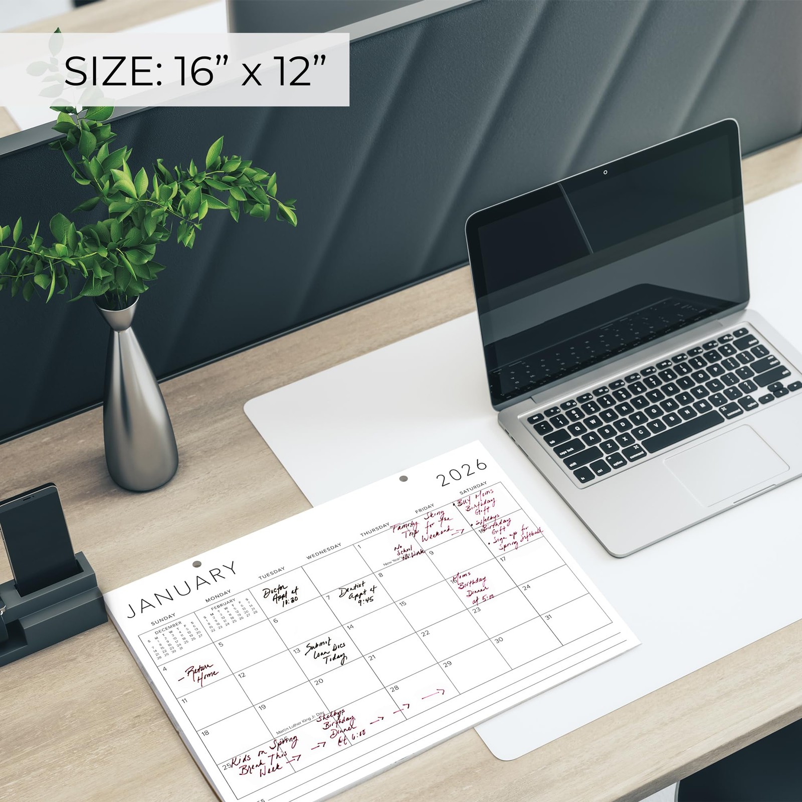 White Black 2026 Desk Calendar 16 x 12 Inch January to December