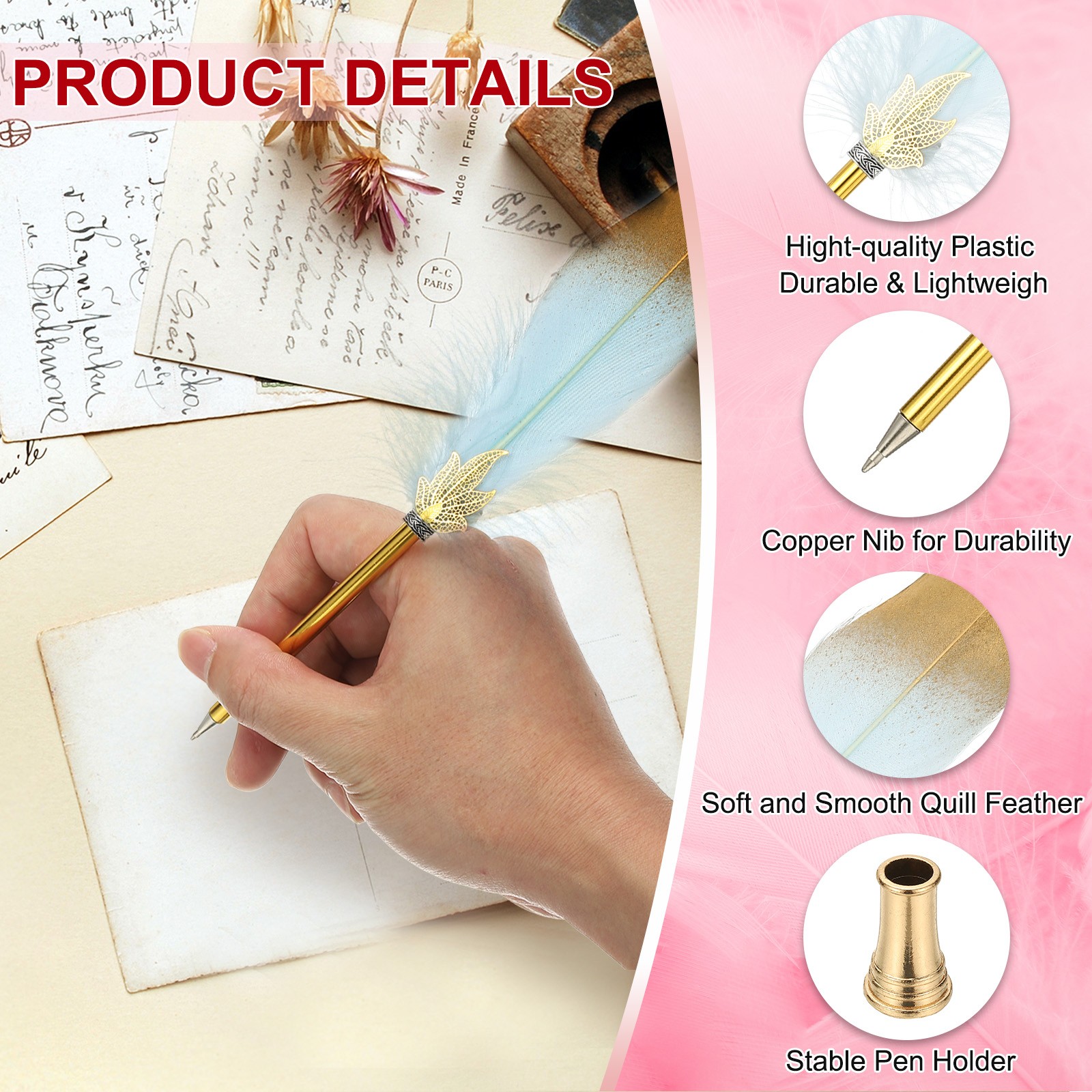 Feather Pen Quill, Feather Ballpoint Pen with Golden Pen Holder, Sky Blue