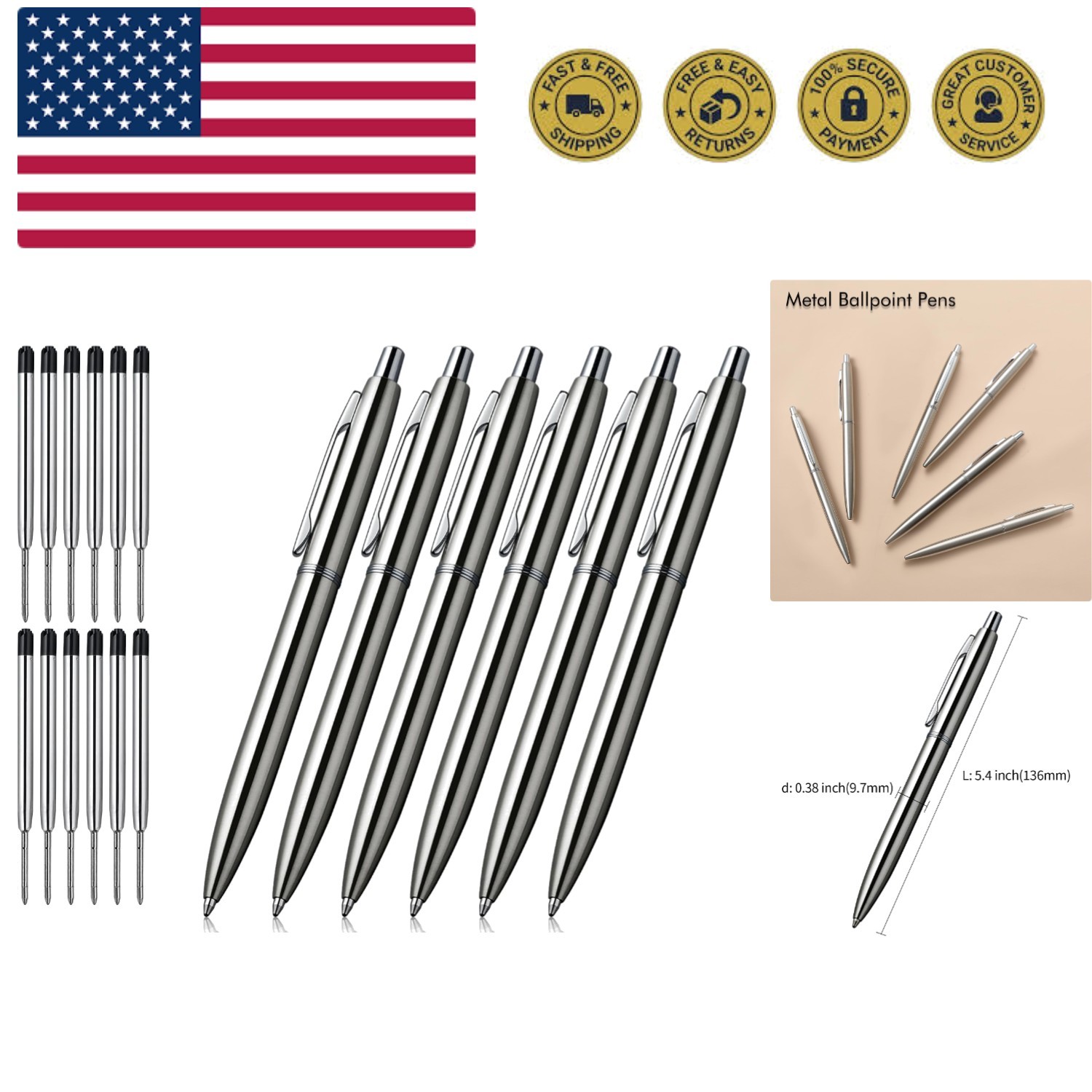 6 Pcs Retractable Metal Ballpoint Pens, for Gift, Business, Office, 1.0mm Med…