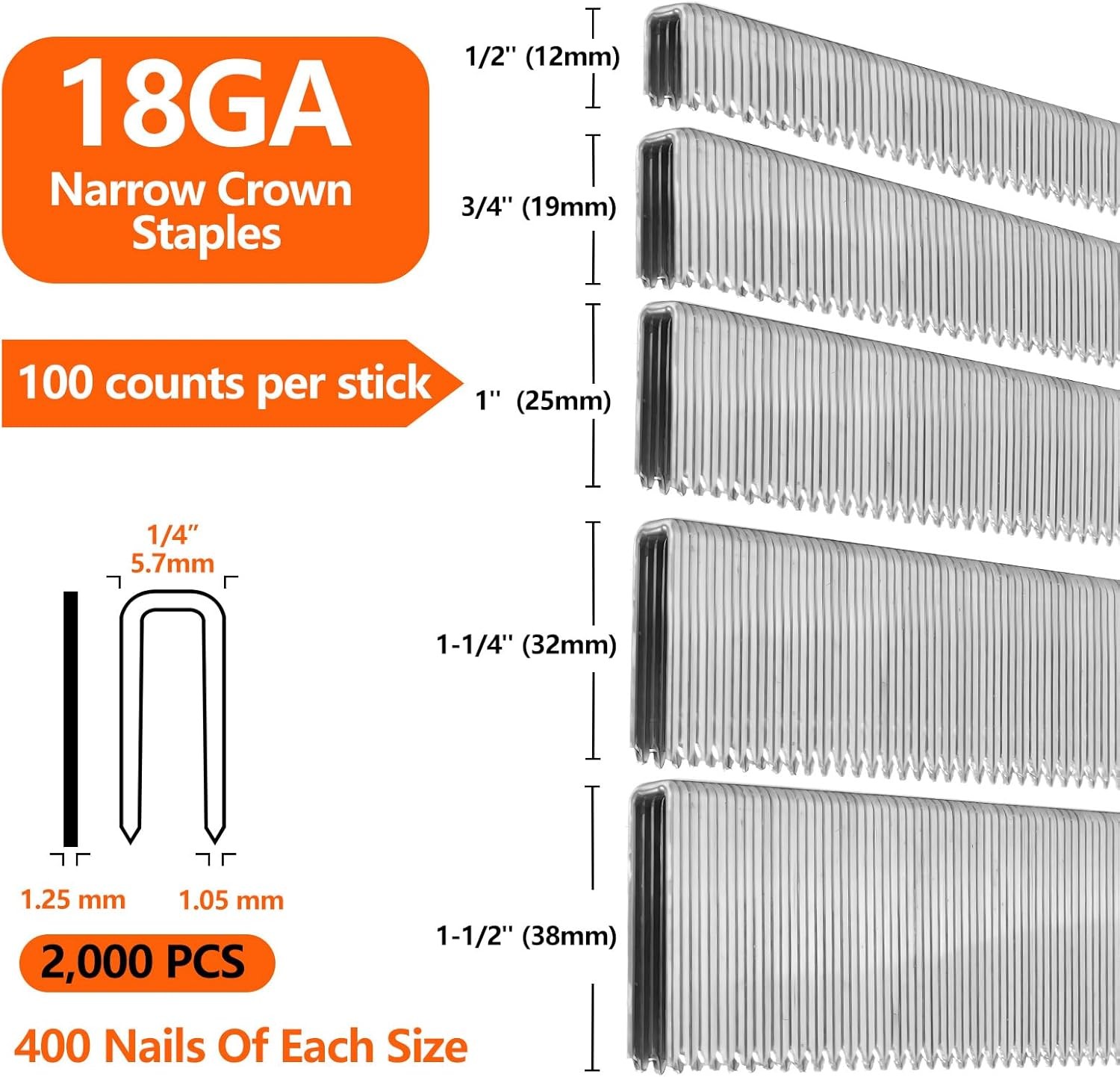 2000-Count 18 Gauge 1/4 Inch Narrow Crown Staples (1/2″+3/4″+1″+1-1/4″+1-1/2″),