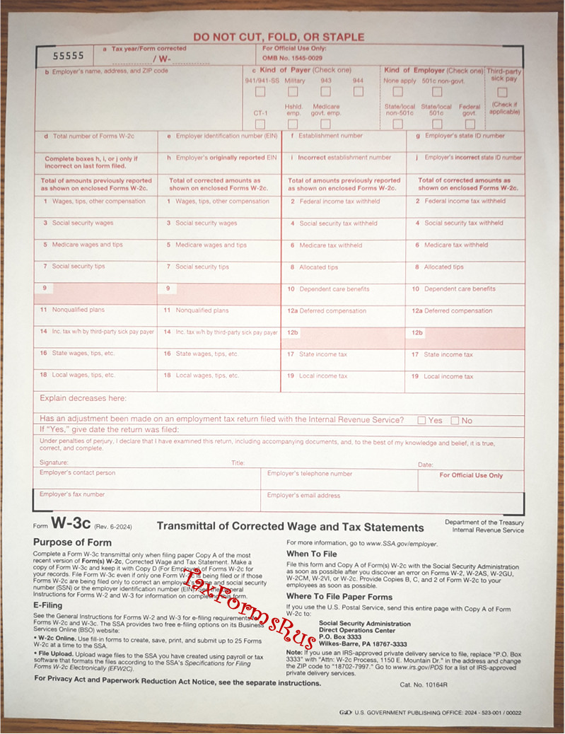 Official IRS Tax Forms W-2c Corrected Wage Stmts, 5 employees+(2)W-3c, NON-Cbnls