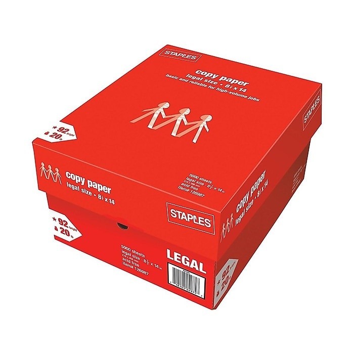 Staples Copy Paper, 8.5″ x 14″, 20 lbs., White, 500 Sheets/Ream, 10 Reams/Carton