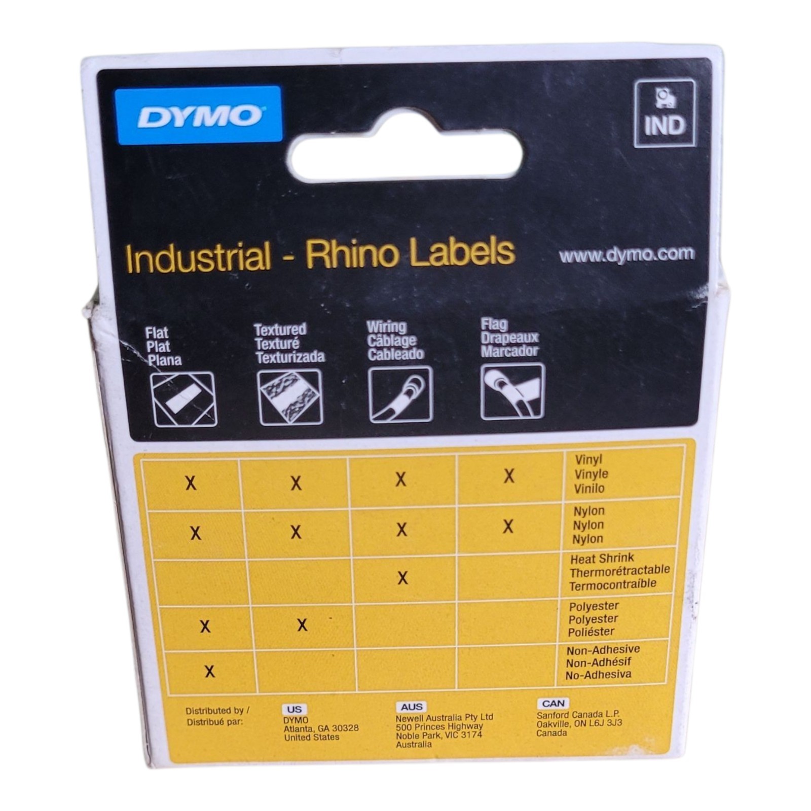DYMO Rhino Industrial Vinyl Labels 12 mm x 5.5m White Print On Blue Self-Adhesiv