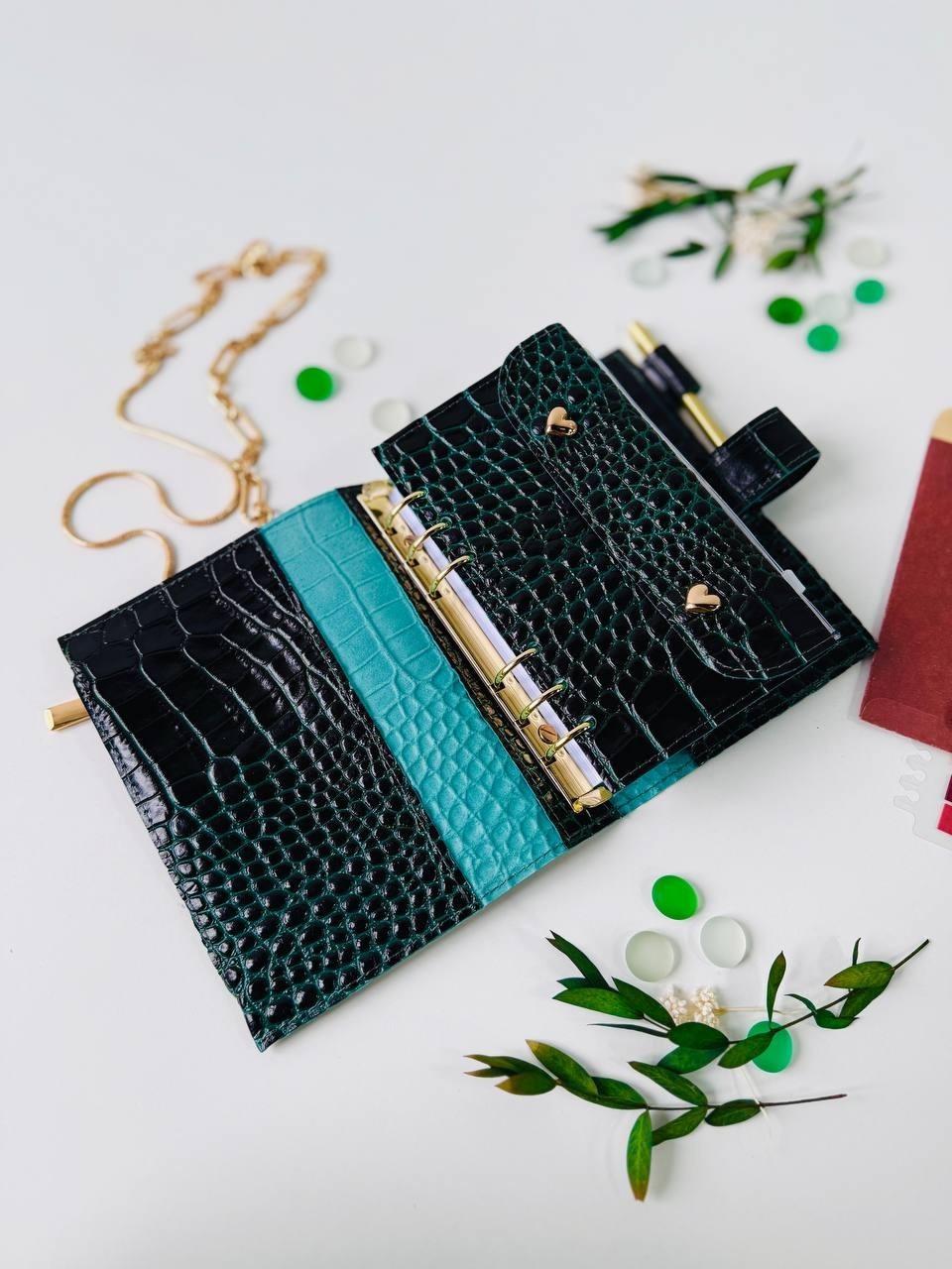 Green A6 leather notebook cover binder 6-Rings. Dated 2026 planner gift for her.
