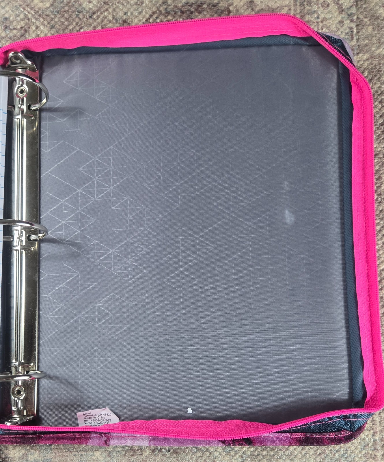 FIVE STAR 1100 Sheet ZIPPER BINDER 2″ Ring 4″ Capacity w/Files Pink & Black VGC