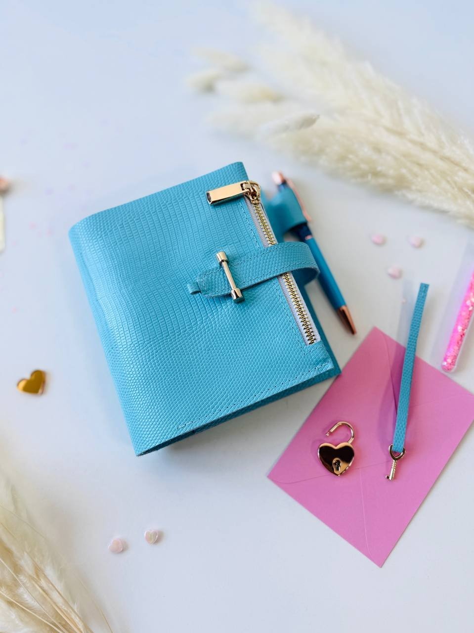 Sky-Blue leather notebook cover A7, 2 big rings mini wallet planner.
