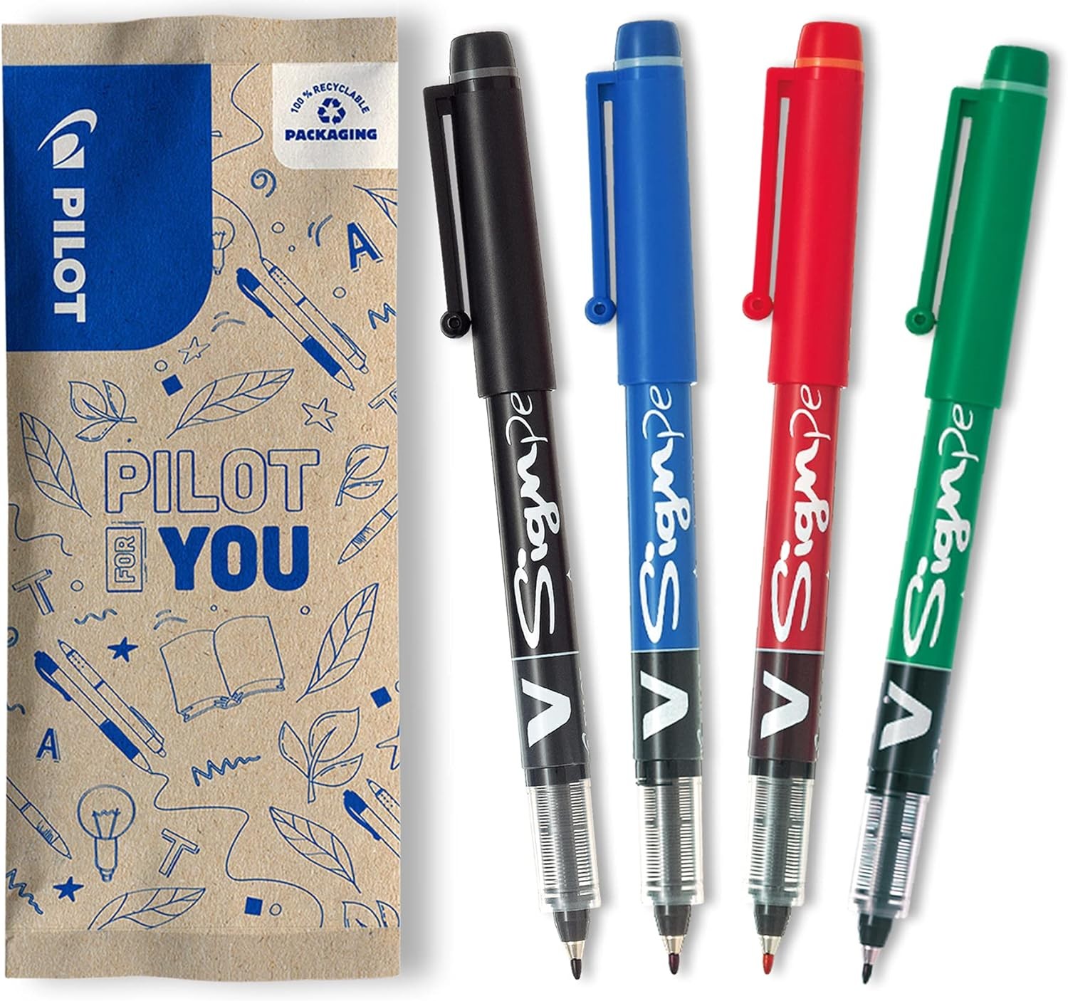 2.0 mm V-Sign Pen Liquid Ink Tip Black/Blue/Red/Green Pack of 4)
