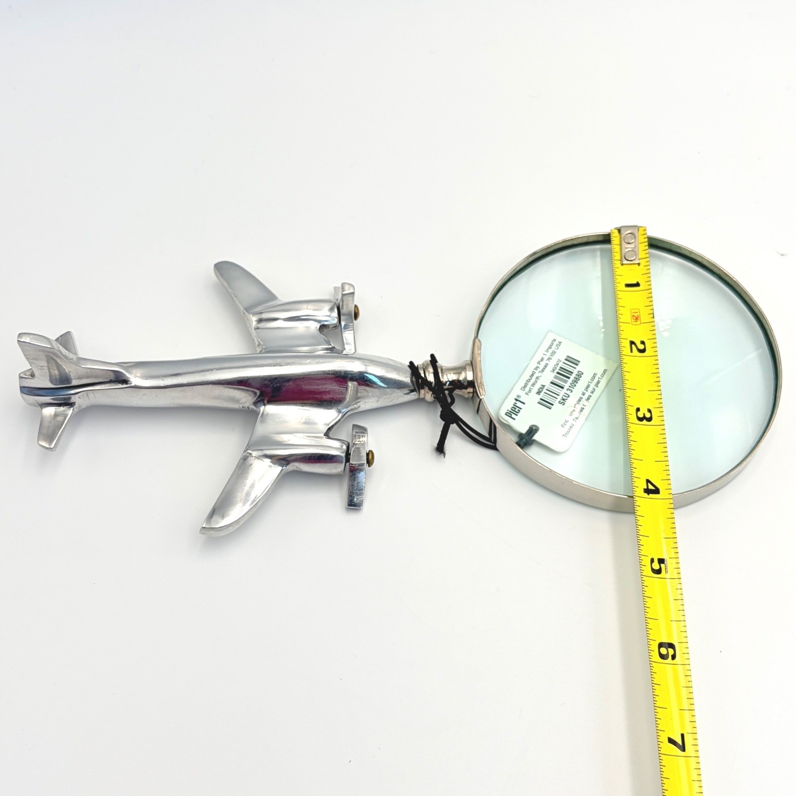 Pier 1 Silver Airplane Magnifying Glass Aviation Pilot Propeller Turns OAK Plane