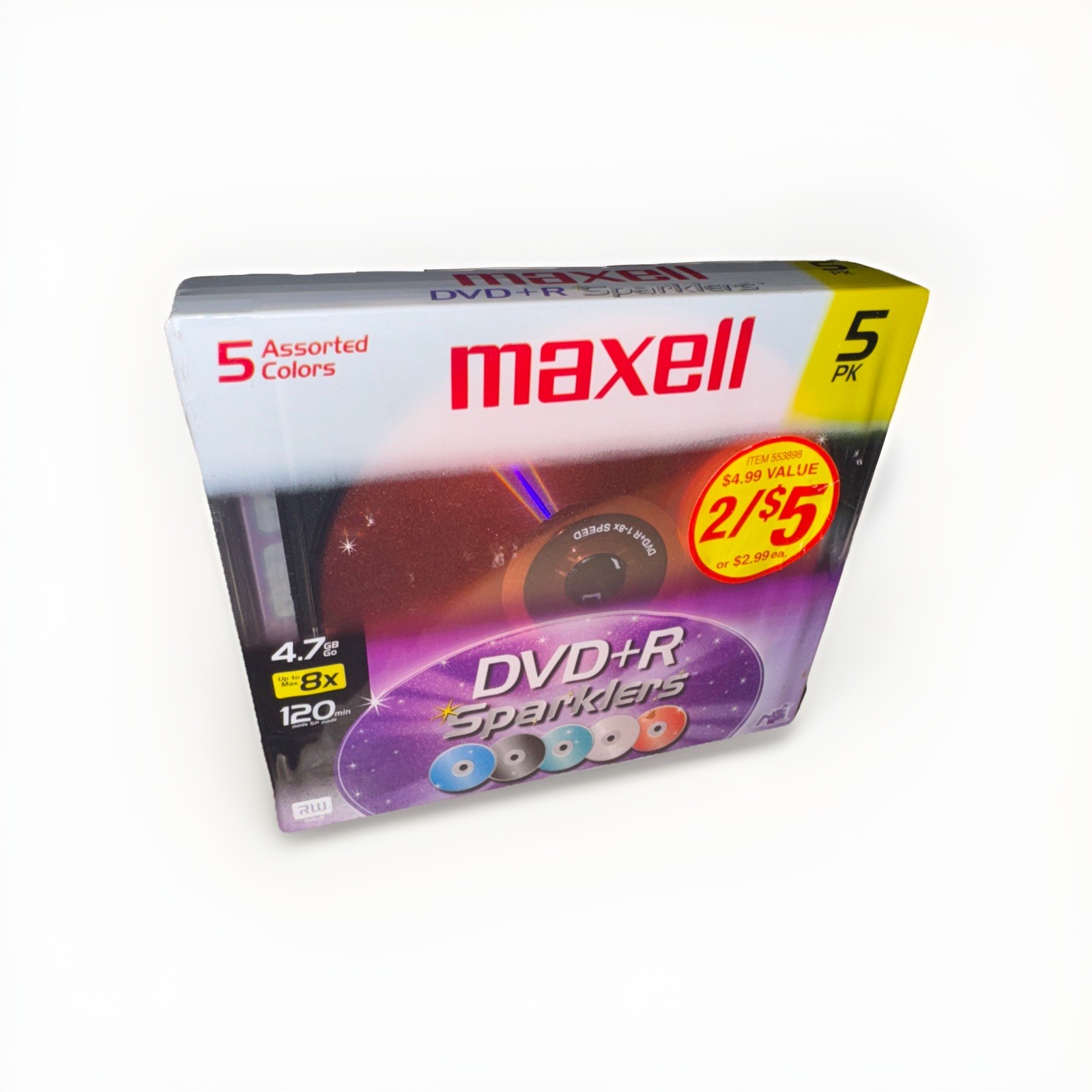 Maxell Sparklers DVD-R Blank Media 5 Pack Computer Assorted Multi Colored 4.7 GB