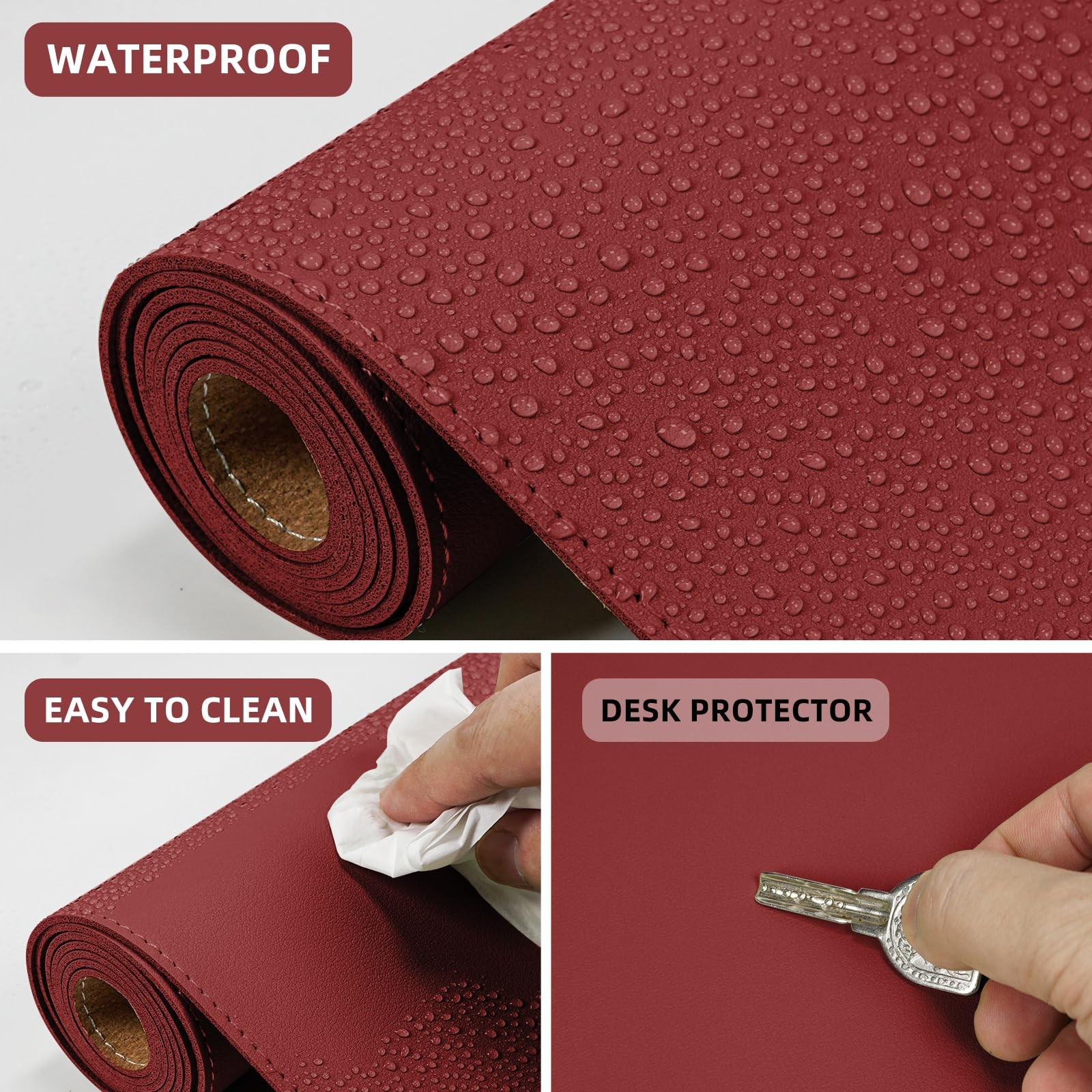 Desk Mat 31.5″ x 17″ Leather Pad Protector with Natural 31.5in*17in, Red