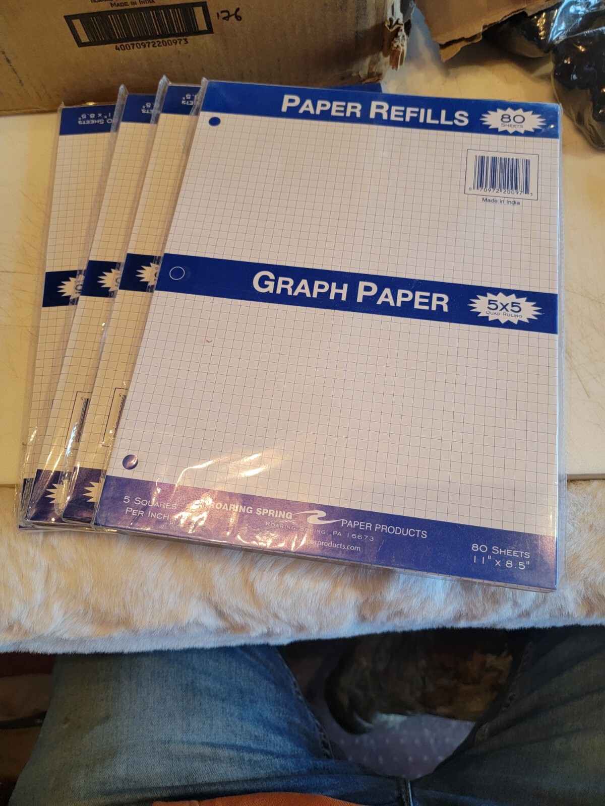 Roaring Spring Loose Leaf Graph Paper, 80 Sheets 8.5″x11″ White, 5sq, 3hole,4pk.