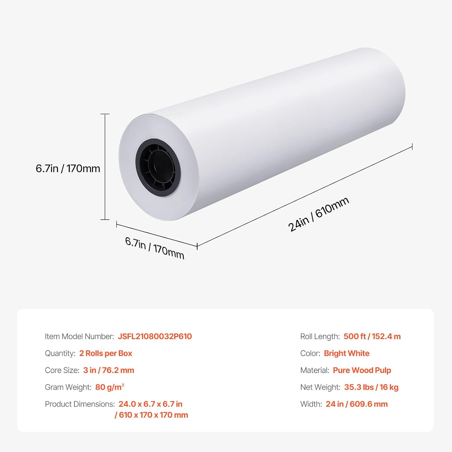 VEVOR 24×500 Plotter Paper 2 Rolls CAD 20LB 3″ Core Architect