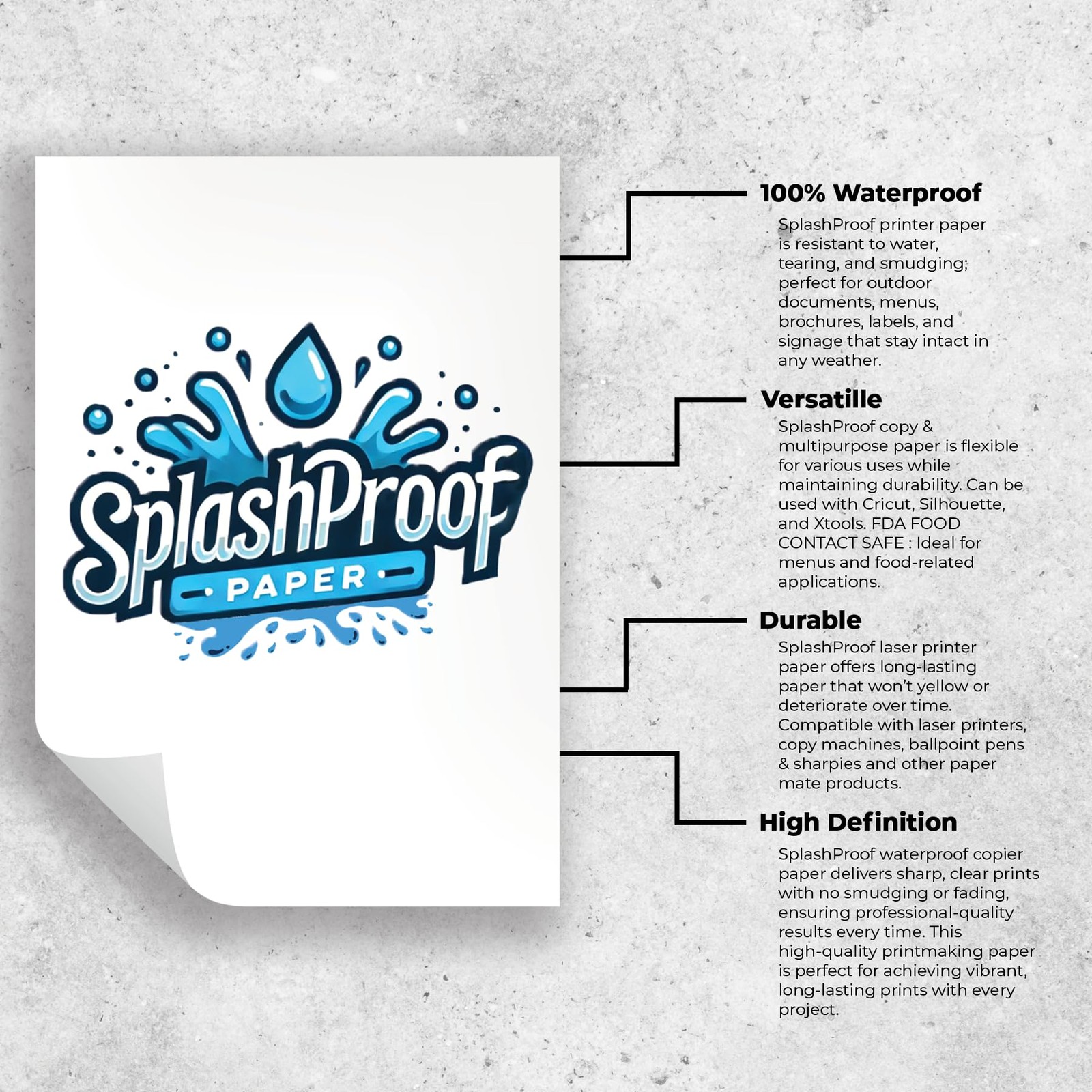 SplashProof Printer Paper – 8.5″ x 11″, 10 Mil Waterproof Paper, Laser White