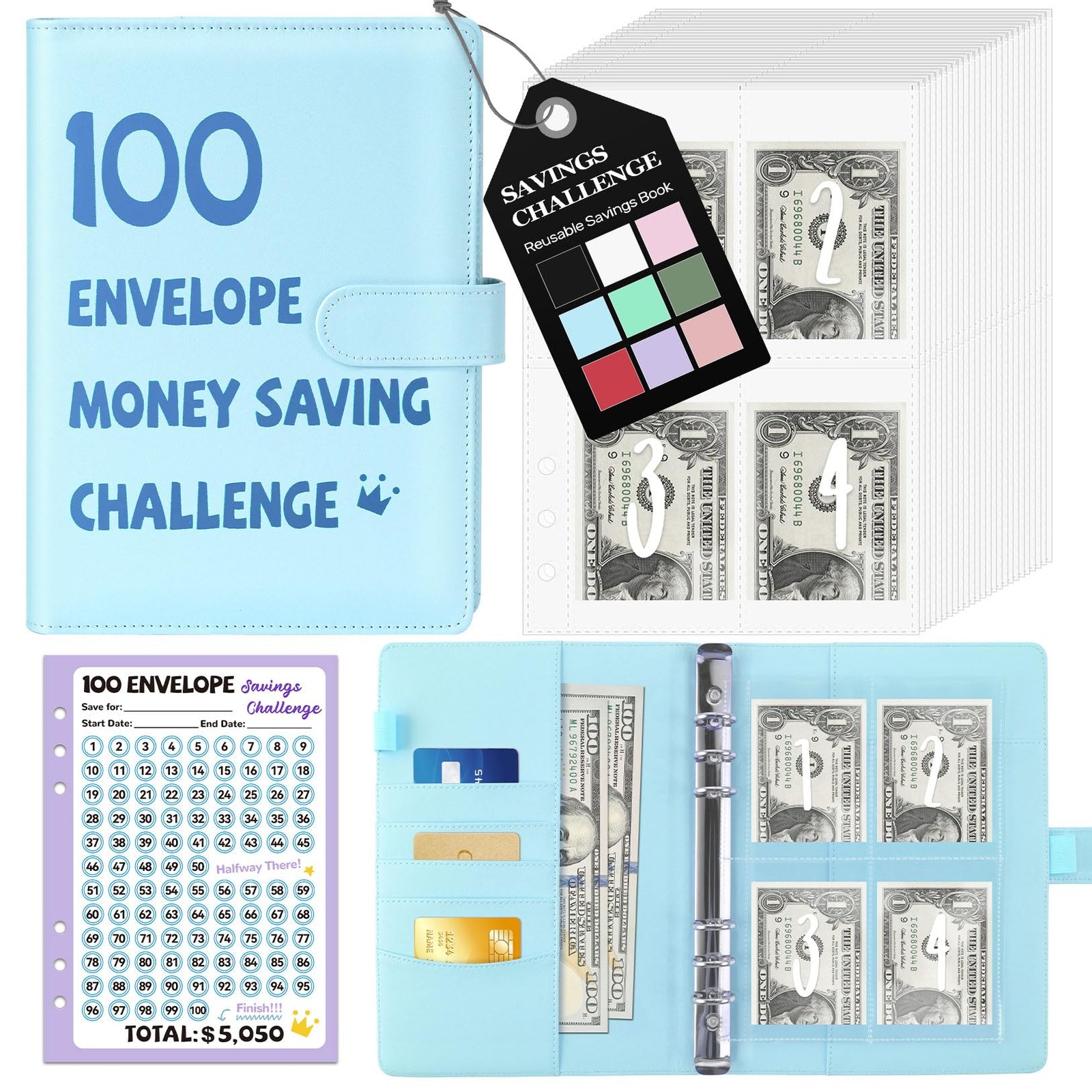 A5 100 Envelopes Money Saving Challenge Binder Reusable Tracker Book 5050