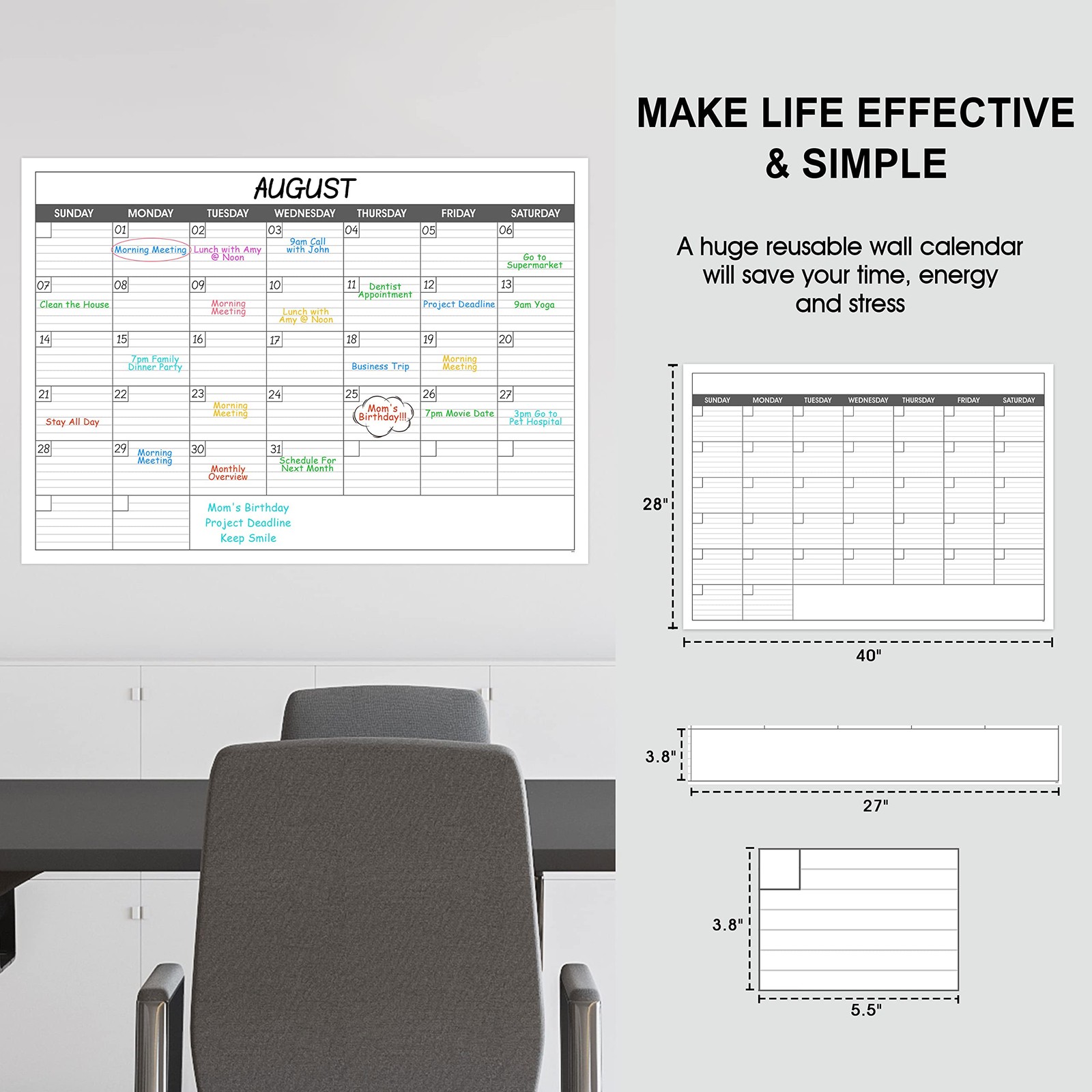 Large Dry Erase Calendar for Wall – Undated 1 Month 30″ x 40″, Classic Black