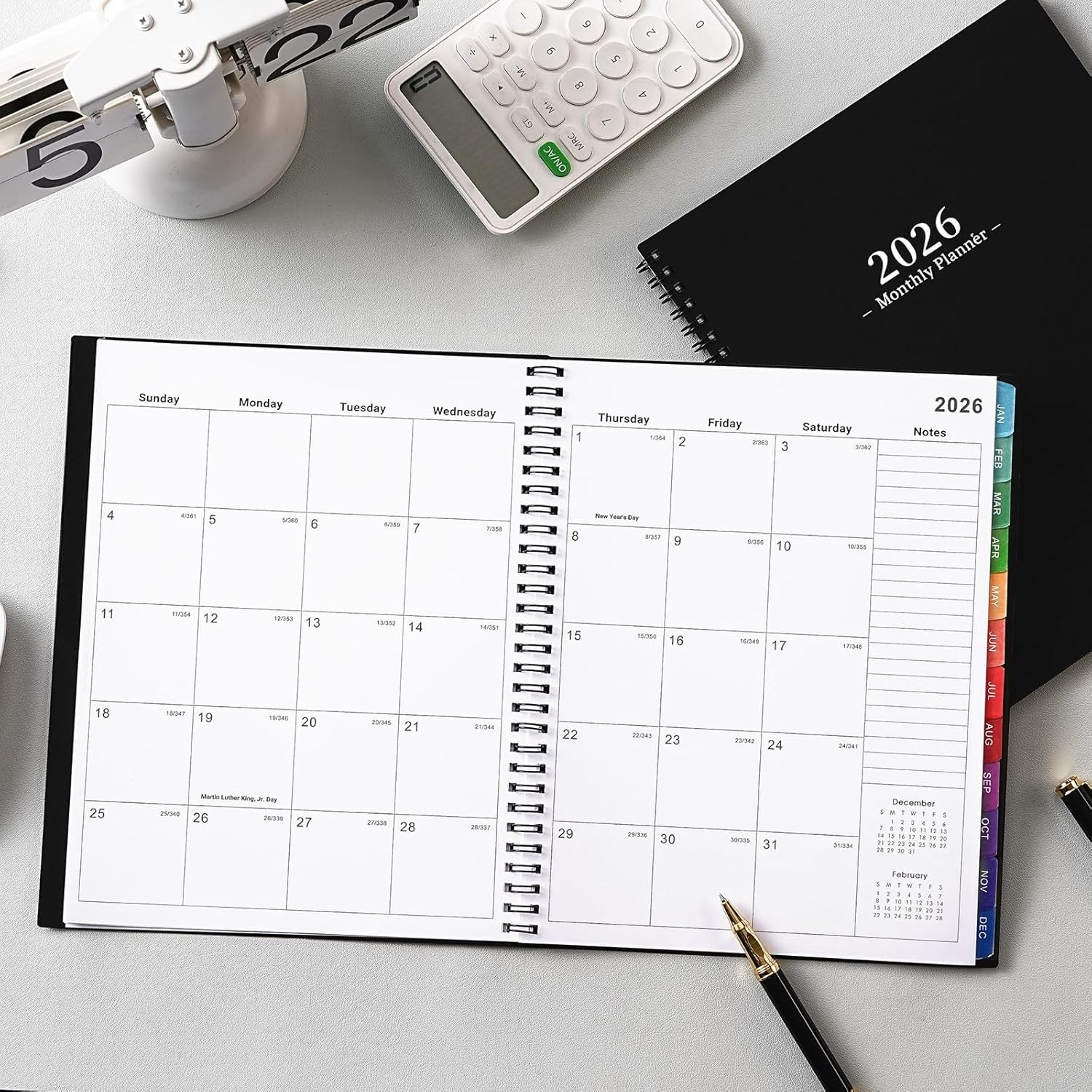 2026 Monthly Planner Jan–Dec, 8×10″ Calendar with Tabs, Notes & Back Pocket