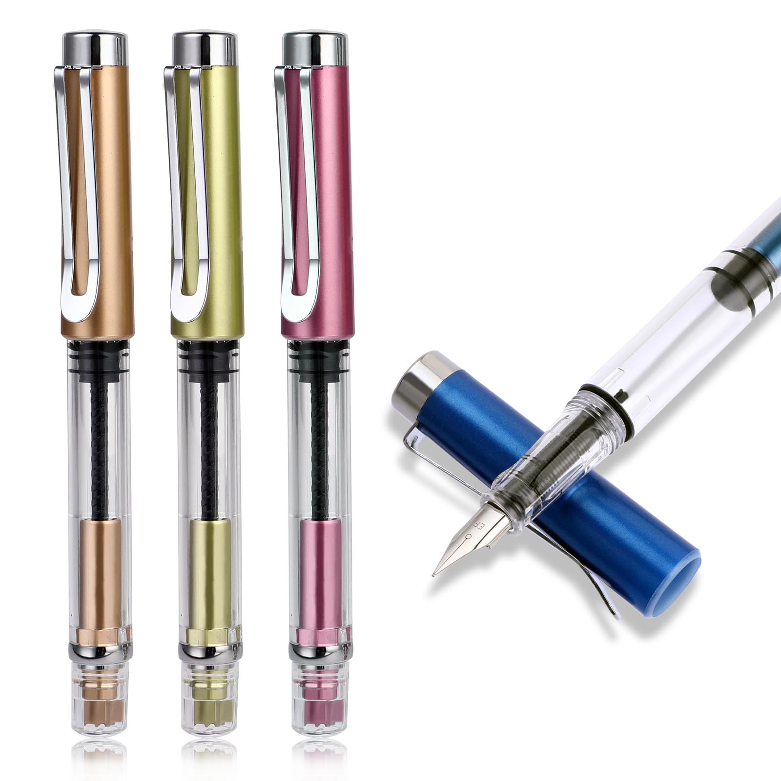 Bewudy 4 Pcs Refillable Fountain Pen 1 Count (Pack of 4), Transparent