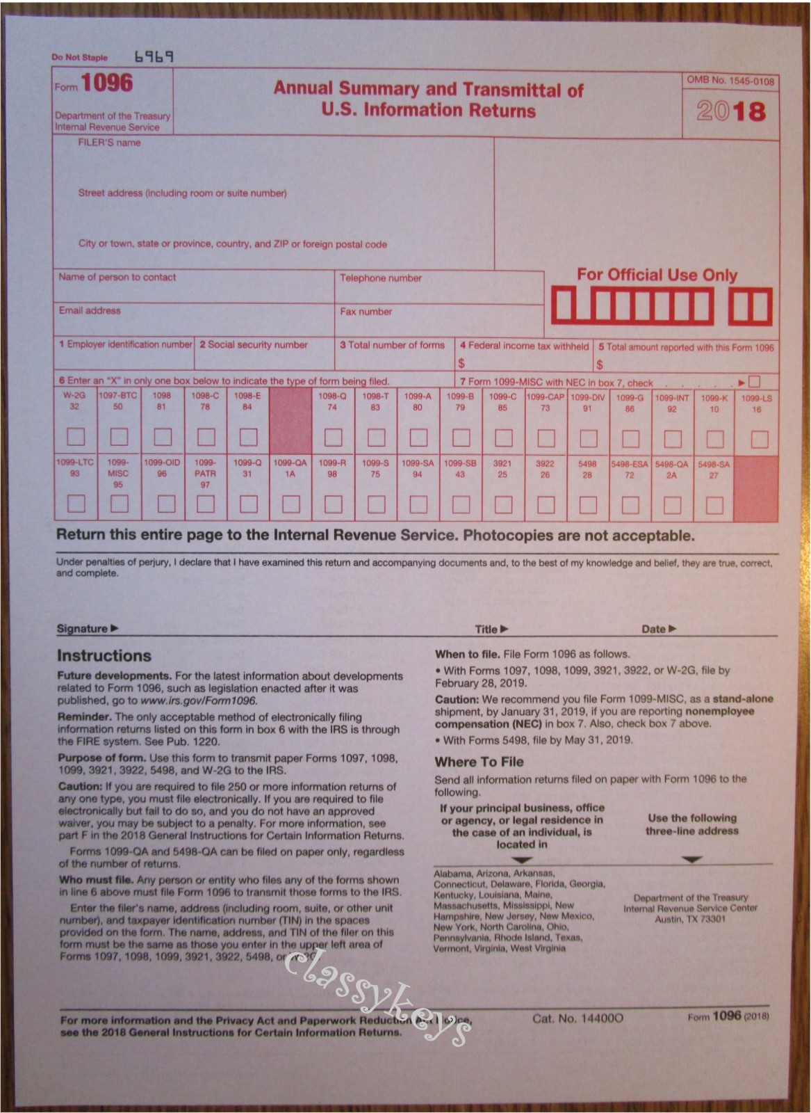 2018 IRS Tax Form 1099-MISC Carbonless for 10 recipients + (2) 1096 — NO Env