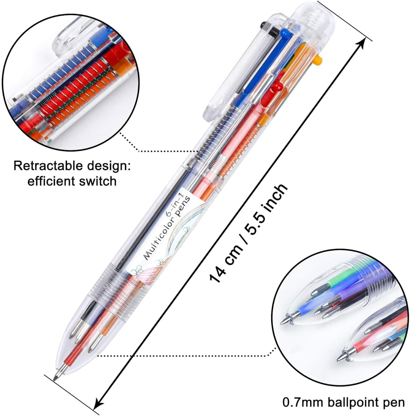 Multicolor Pens, 23 Pack 6-In-1 0.7Mm Retractable Ballpoint Pens for Office Scho