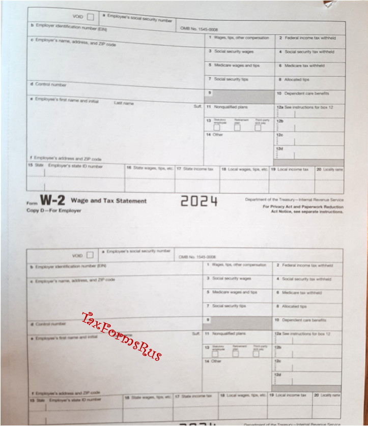 2024 IRS Tax Forms W-2 Wage Stmts for 4 employees NON-Carbonless +(1) W3, NO Env