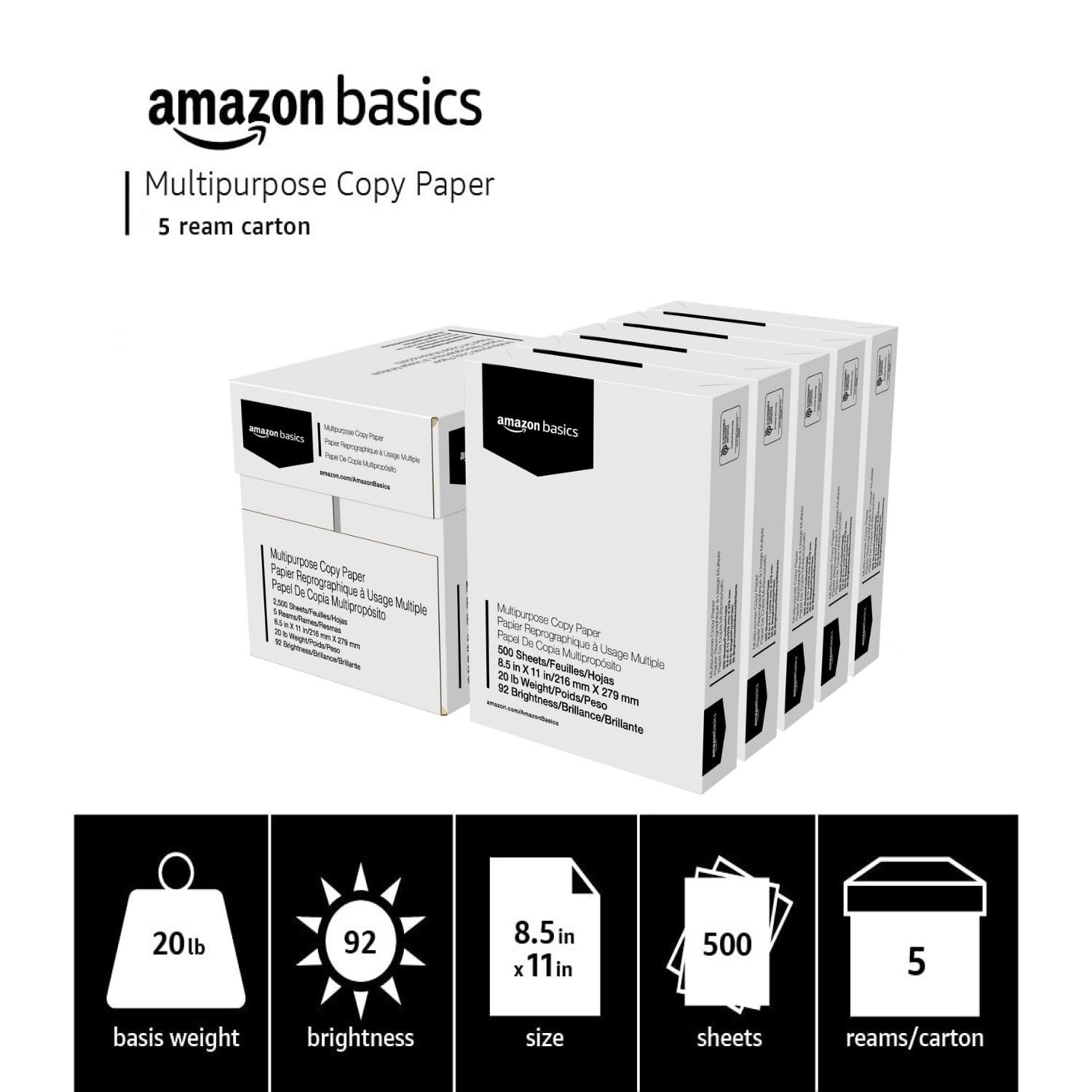 Amazon Basics Multipurpose Copy Printer Paper, 5 Reams | 2500 Sheets, White