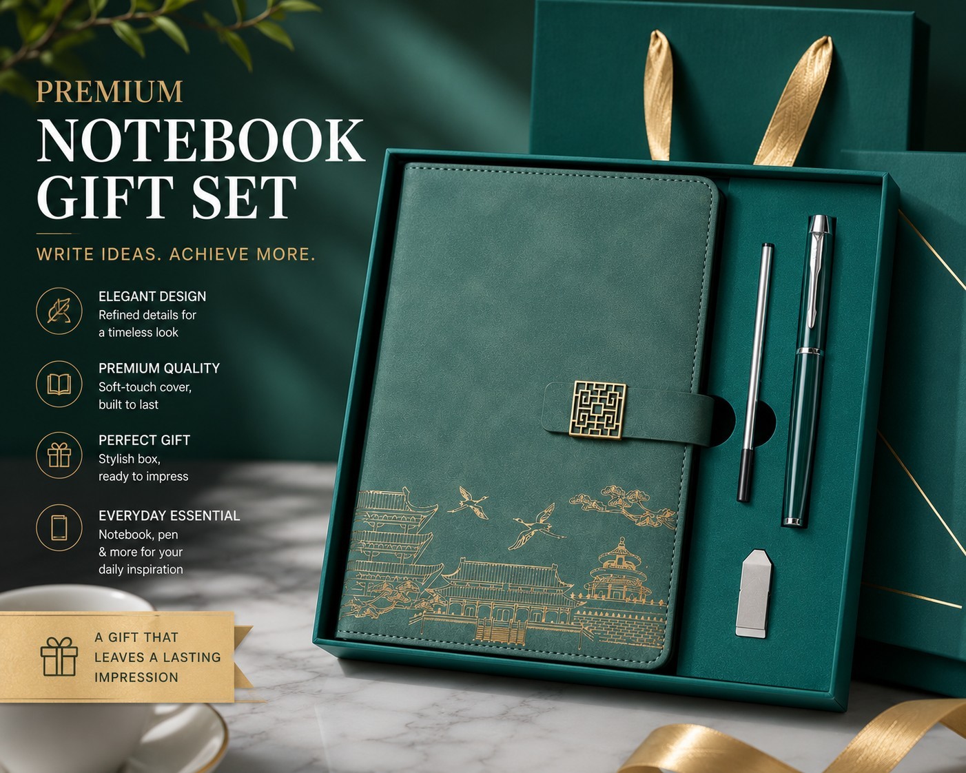 Premium Notebook Gift Set A5 Green/Gold Scenic Architecture Theme