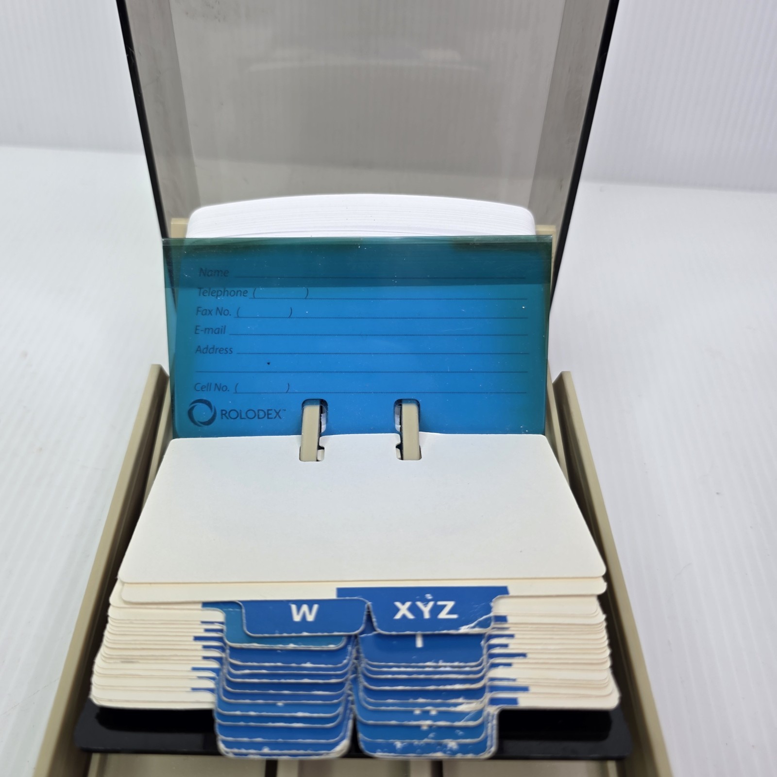 Vintage ROLODEX VIP-24C Smoke Top Card File Address Phone With Blue Index Tabs