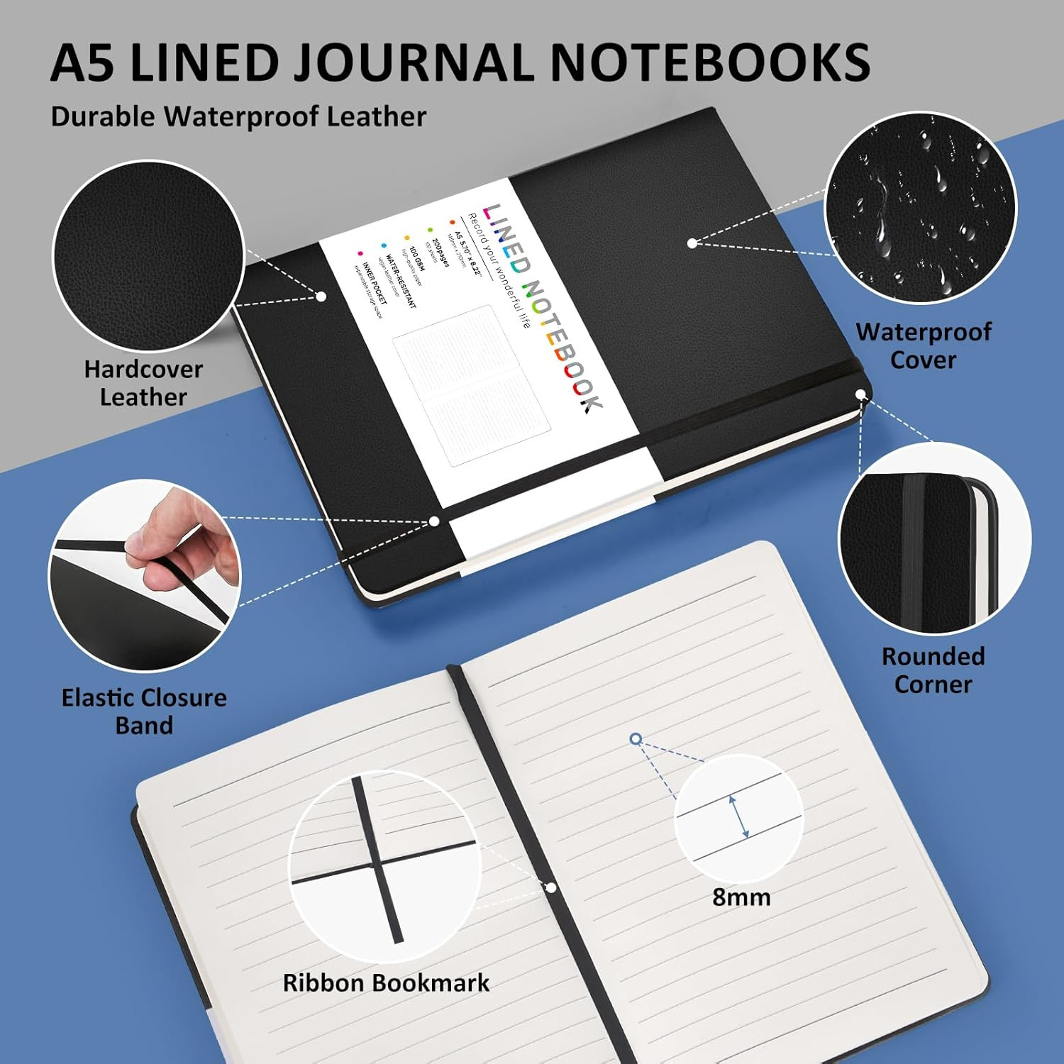 Lined Journal Notebook for Women Men, 200 Pages A5 Hardcover Leather Journals 5.