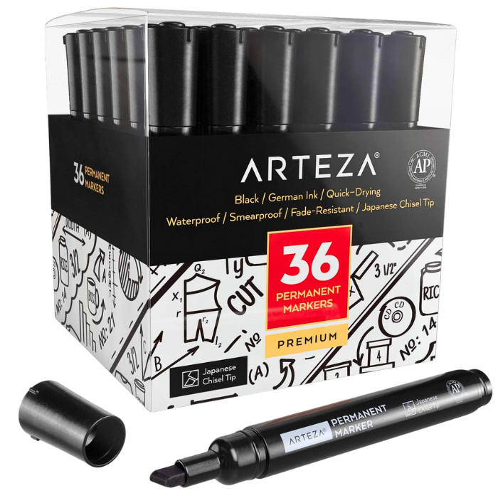 ARTEZA Permanent Markers Set of 36, Black, Chisel Tip, Waterproof Ink