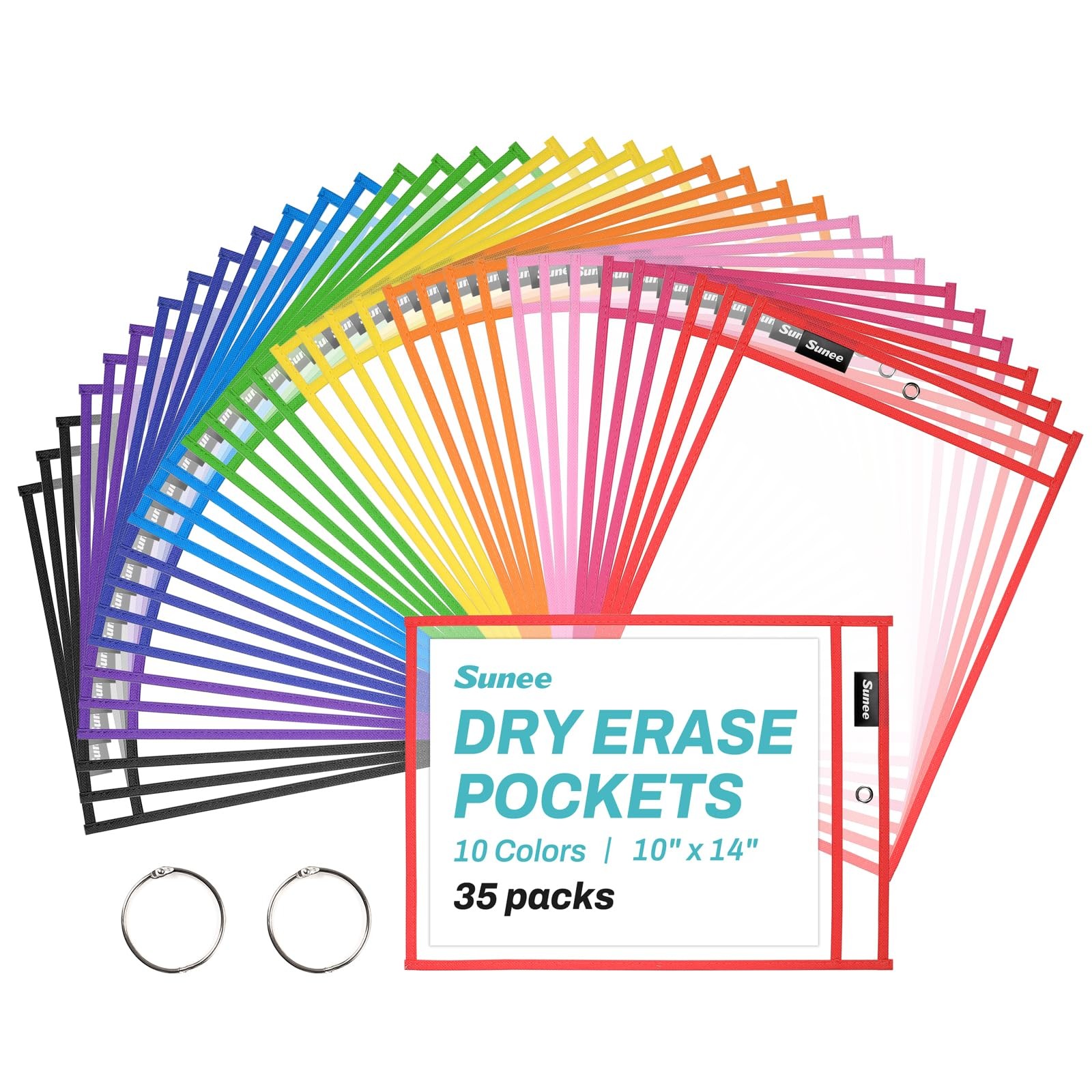 35 Packs Oversized Reusable Dry Erase Pocket Sleeves with 2 Rings, 10 Assorte…