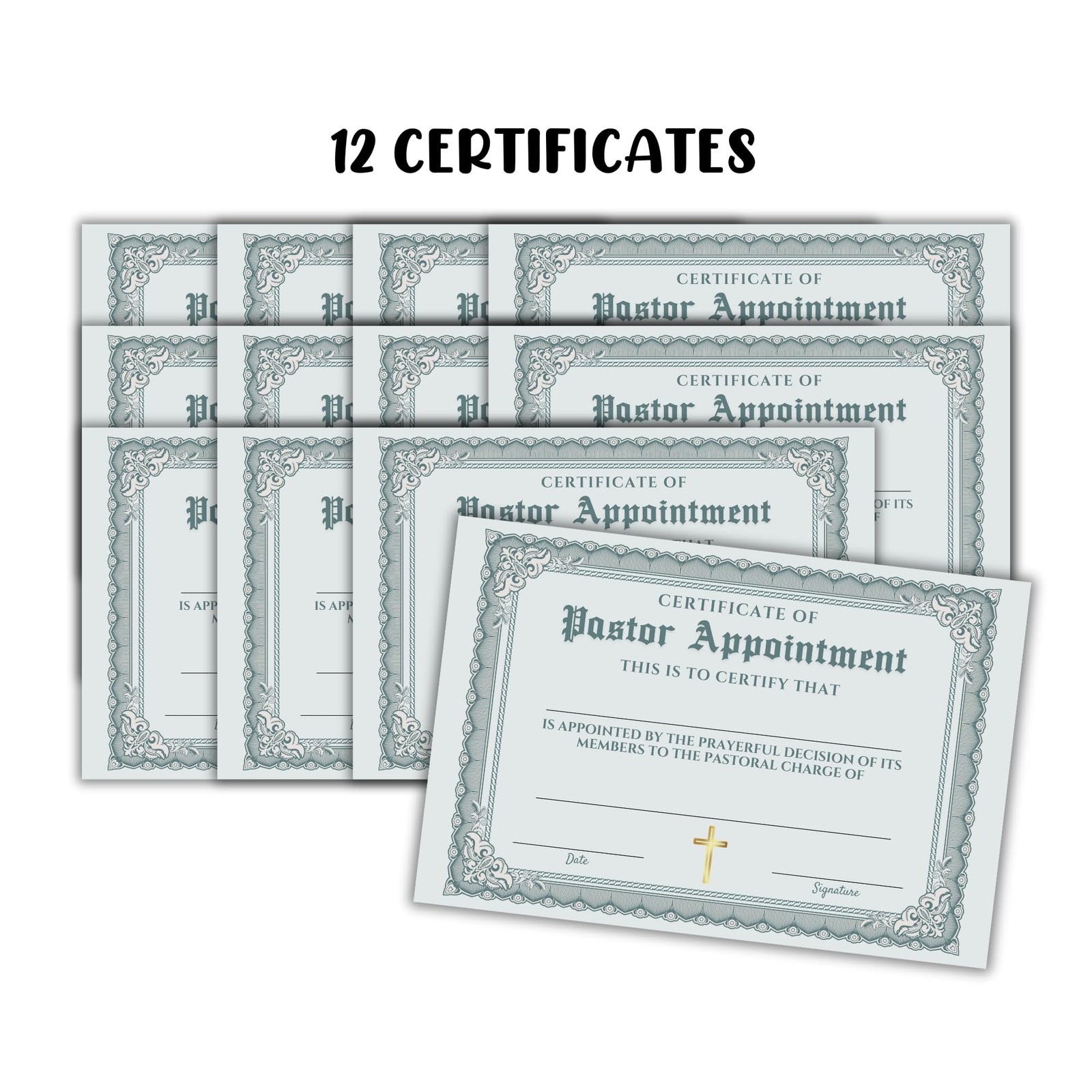 12 Pack 6×9 Pastor Certificate of Appointment, Green Cardstock for Church