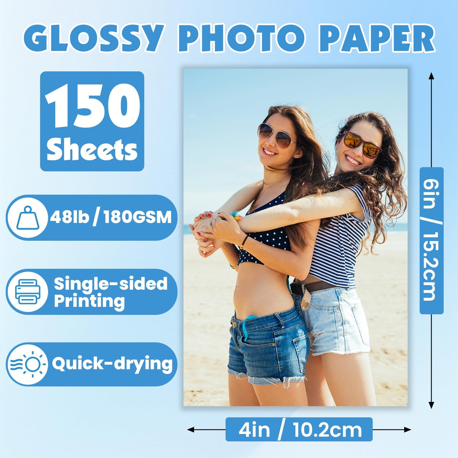 150 Sheets Glossy Photo Paper, 4in x 6in Glossy-4”x6”-150 Sheets, White