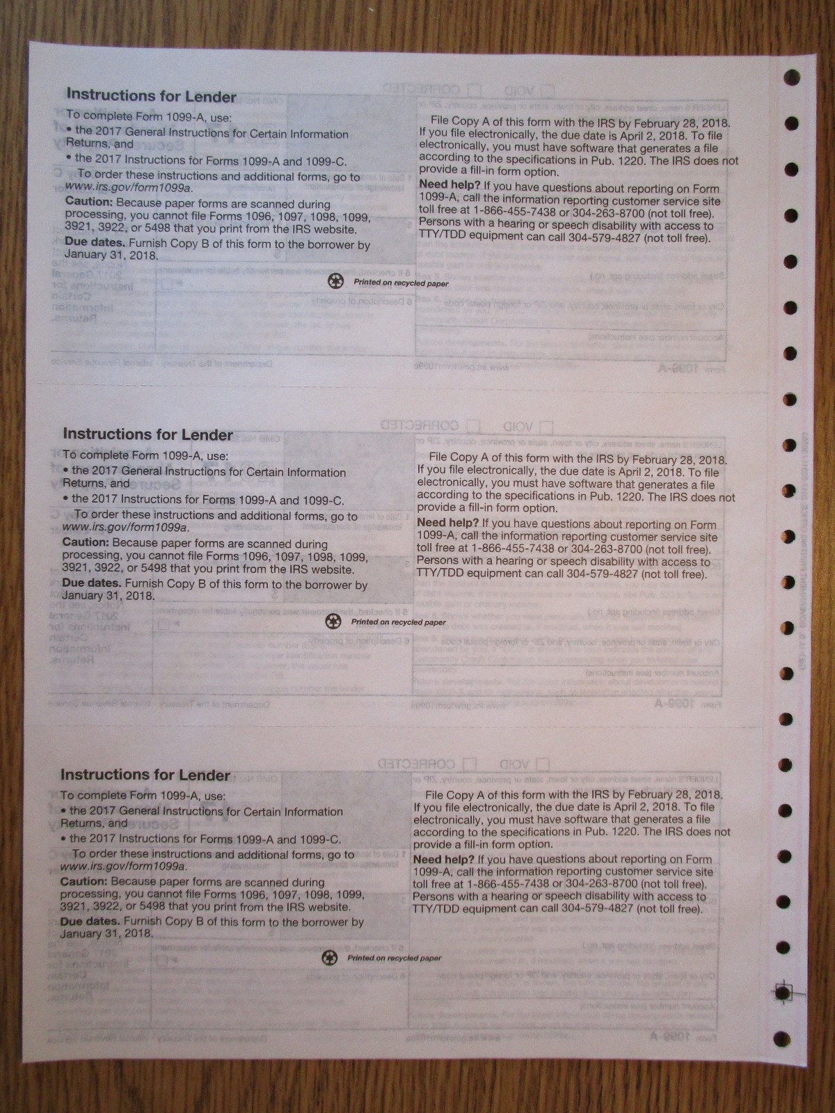 2017 IRS Tax Form 1099-A single sheet set for 3 borrowers, carbonless 3-part