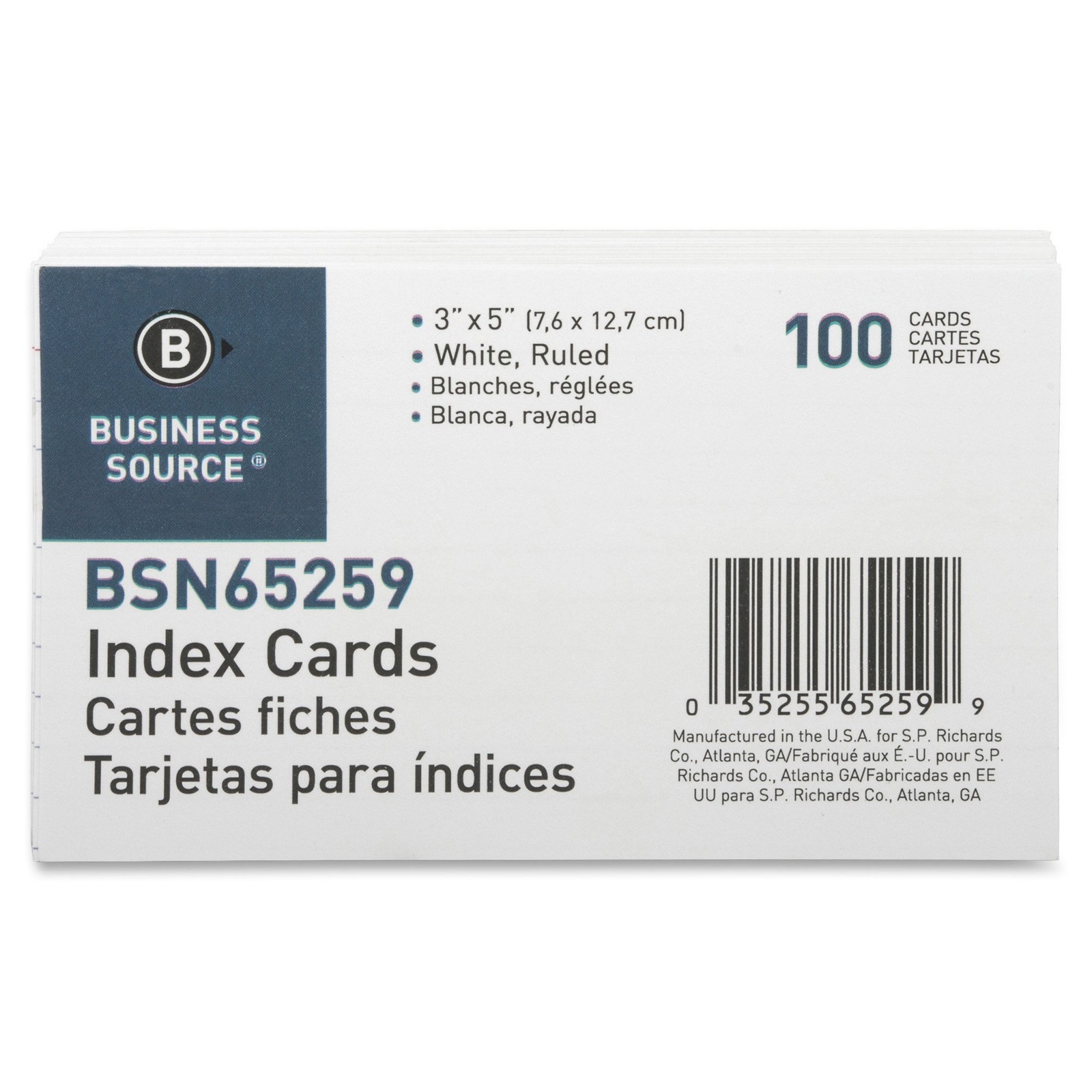 Index Cards, Ruled, 72 lb., 3″x5″, 100/ Pack, White (65259)