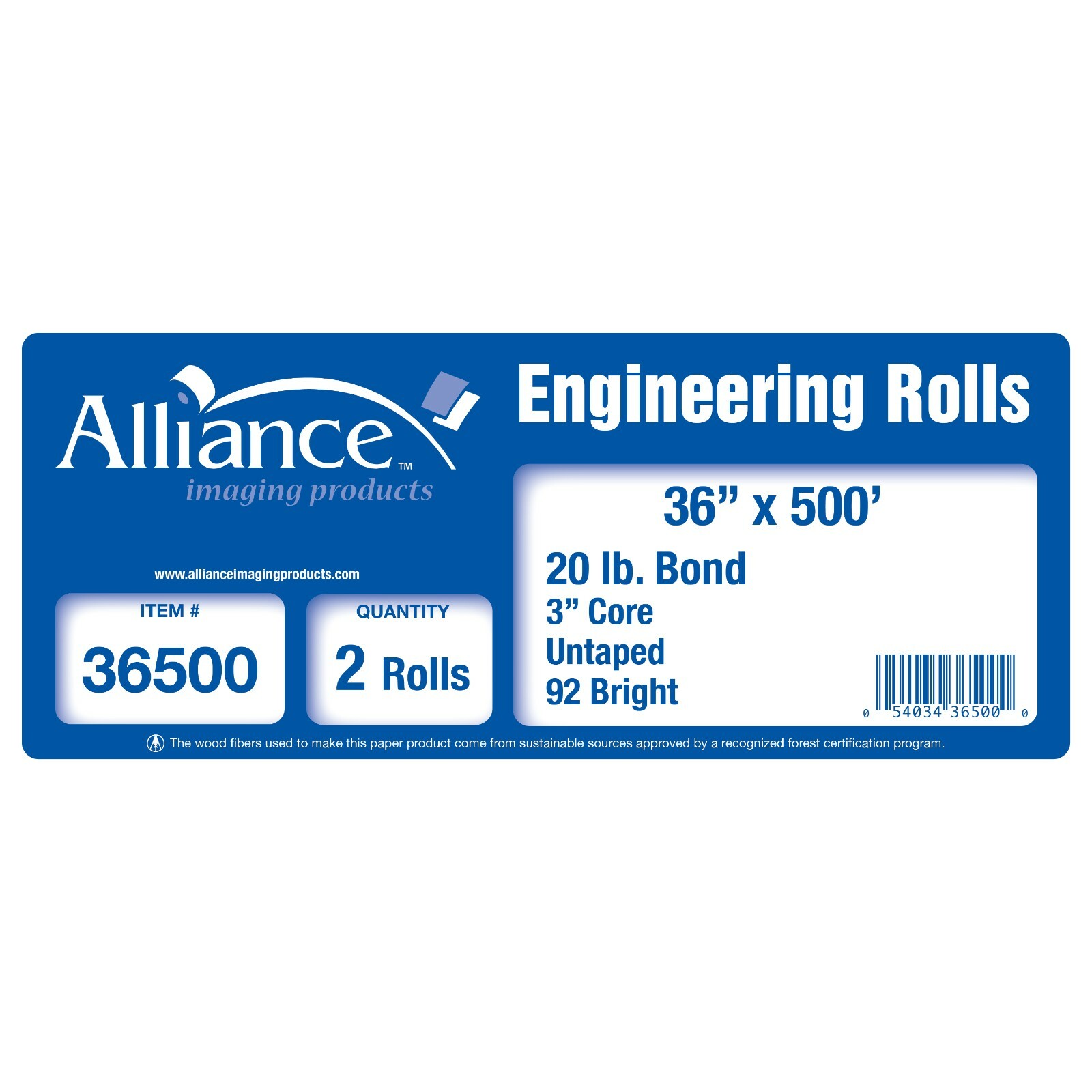 Alliance Paper Rolls, Bond Engineering, 36x500x3, 92 Bright, 20lb 2 Rls/Ctn