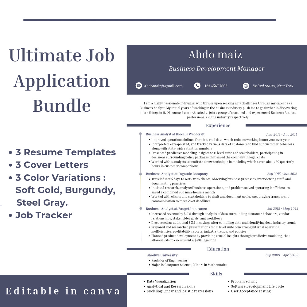Professional 3 Resume Templates with Matching Cover Letters Bundle + Job Tracker