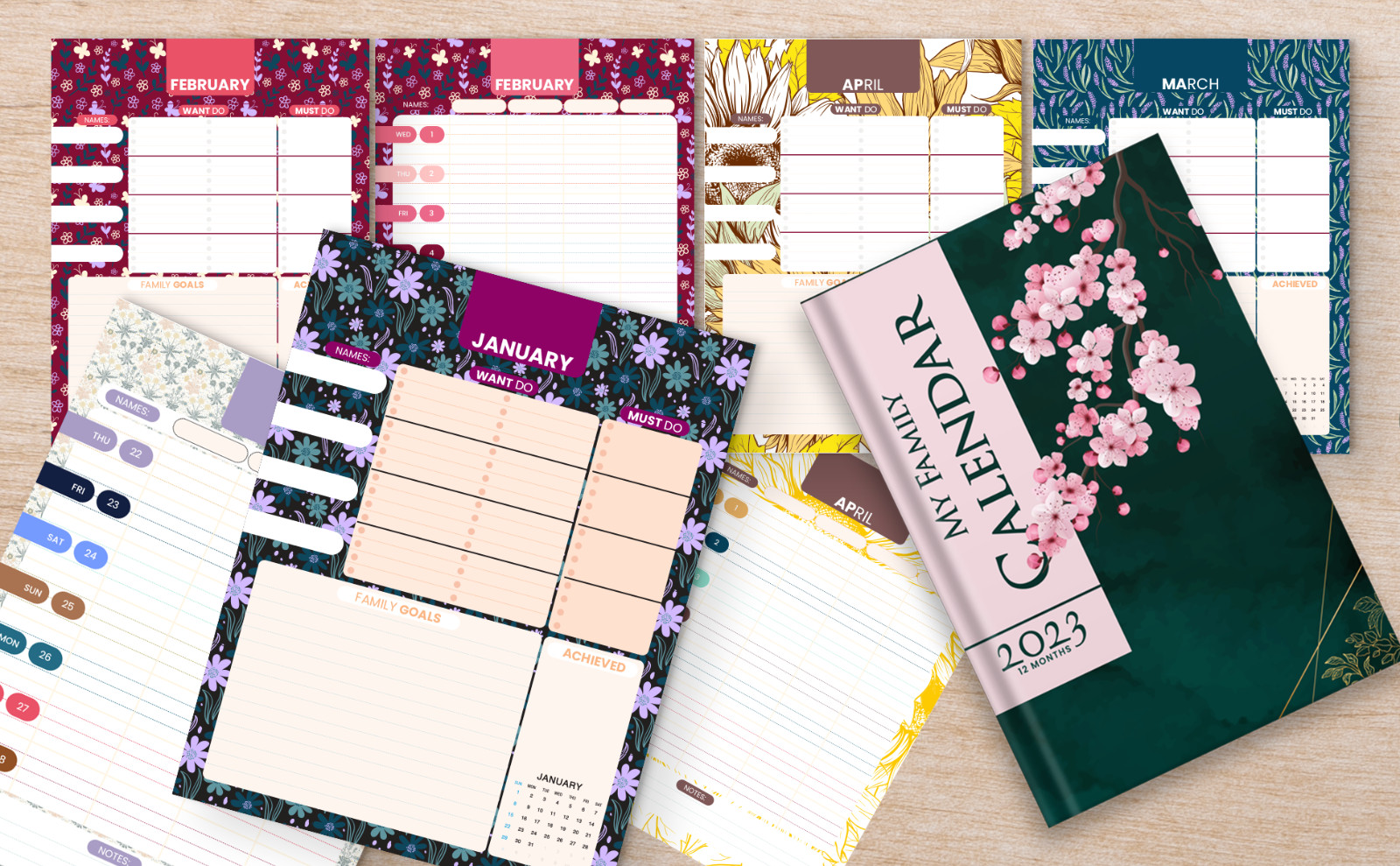 Family Planner 2023 – 4 columns, 12 months, Floral themes / Instant download.pdf