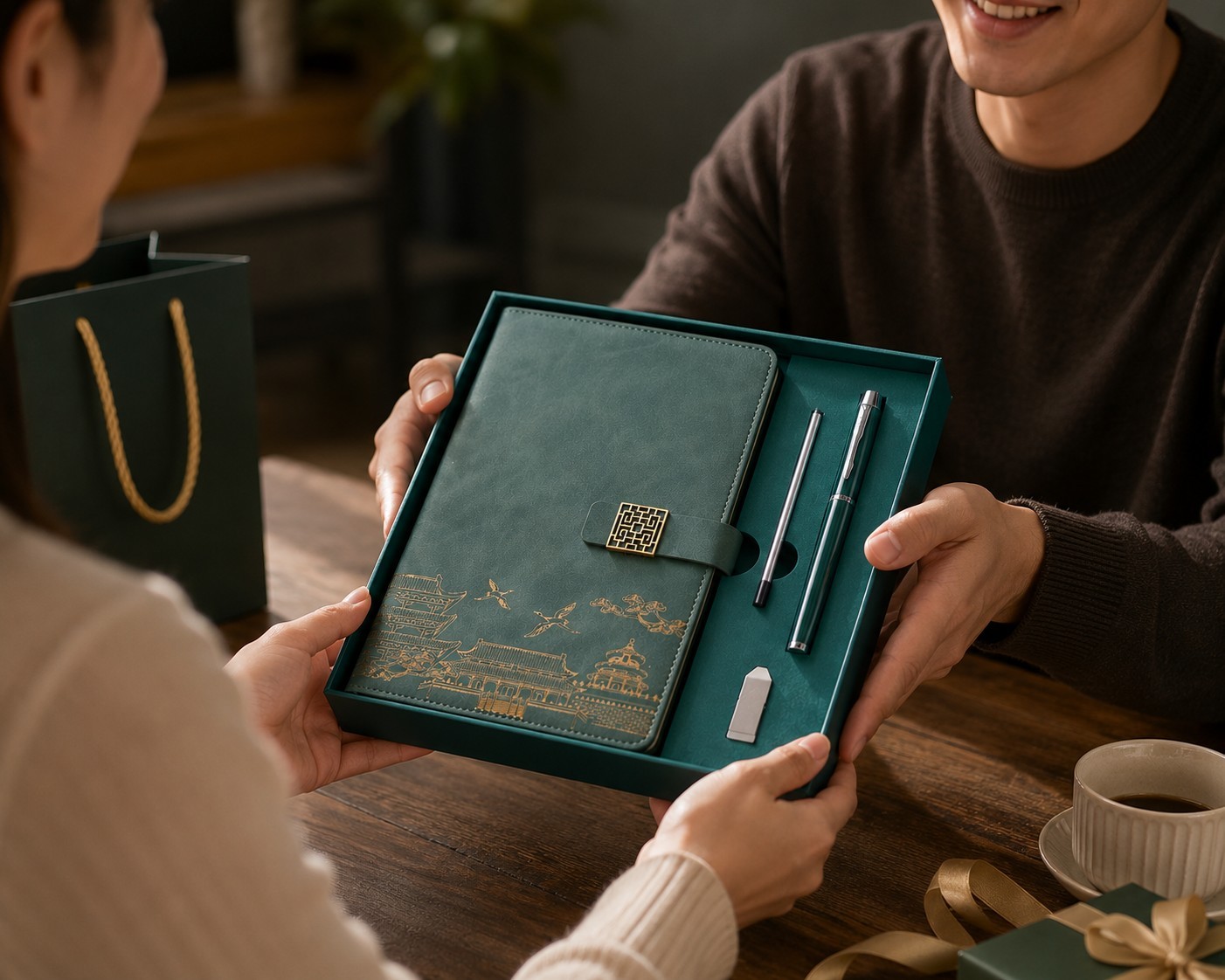 Premium Notebook Gift Set A5 Green/Gold Scenic Architecture Theme