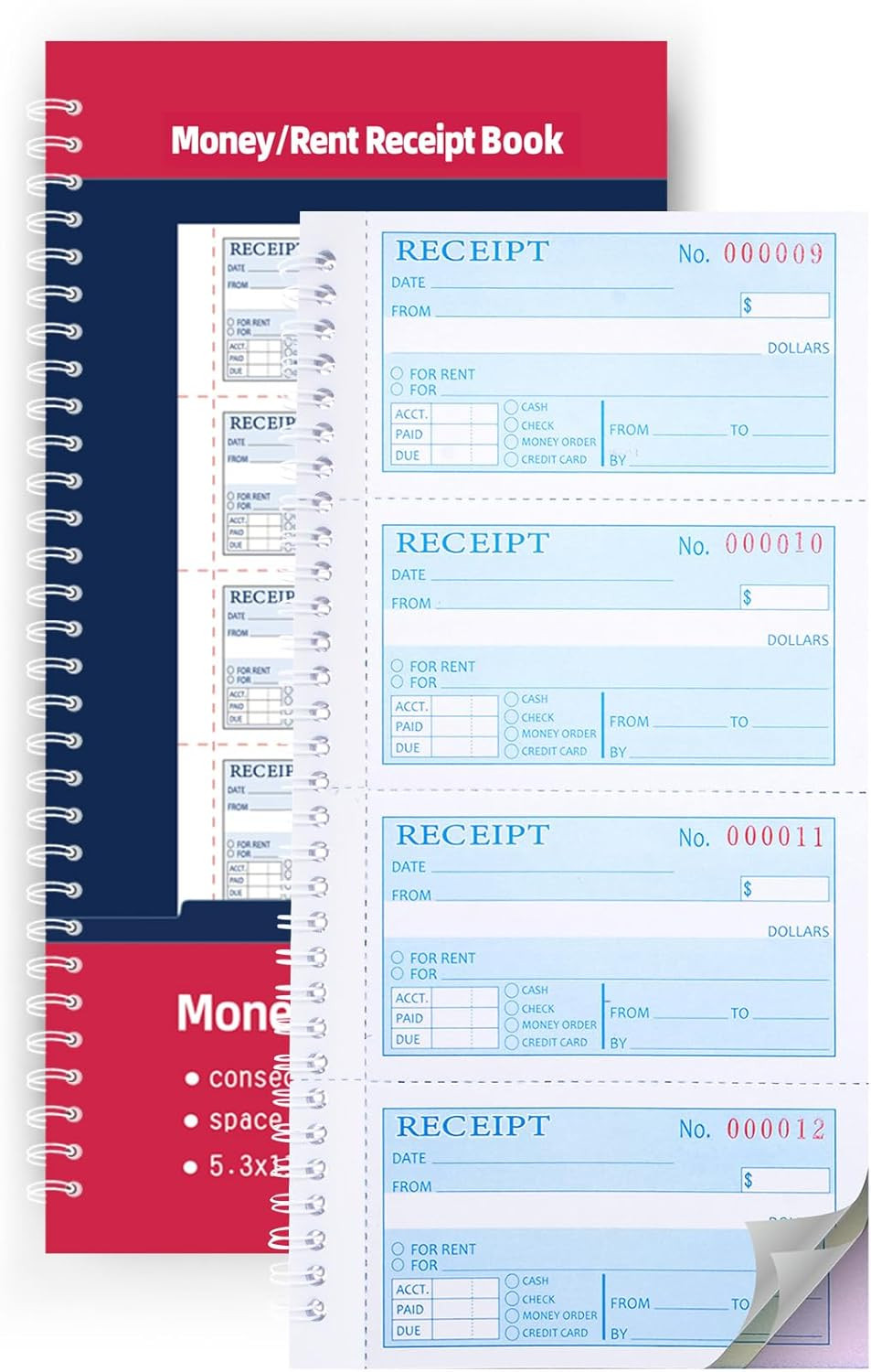 Receipt Books with Carbon Copies,Money and Rent Receipt Book,3-Part Carbonless,5