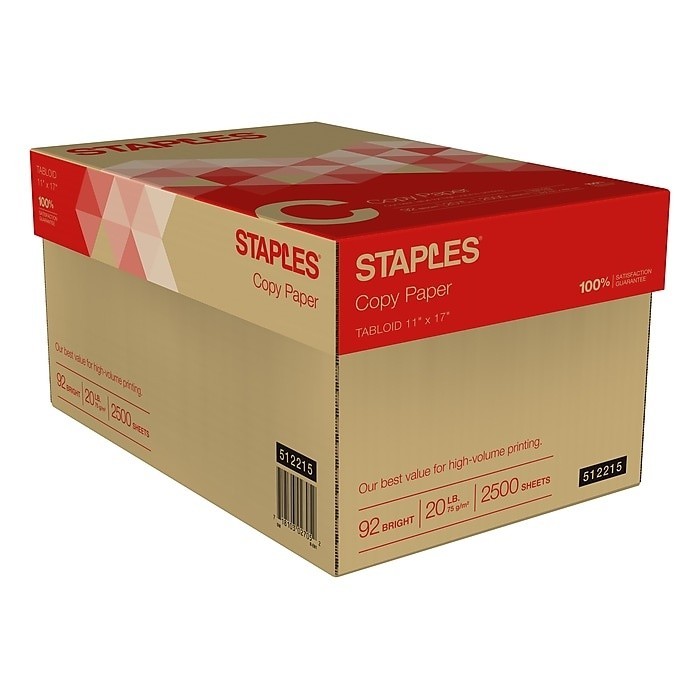 Staples Copy Paper, 11″ x 17″, 20 lbs., White, 500 Sheets/Ream, 5 Reams/Carton (