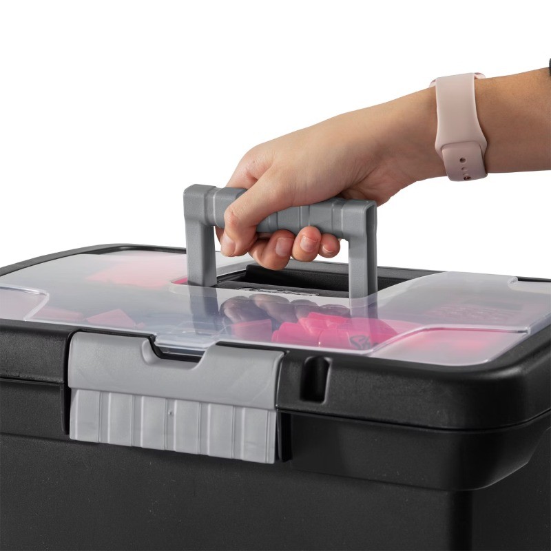 Medium Letter File Box Black: Plastic File Organizer with Handle & Clear Cover