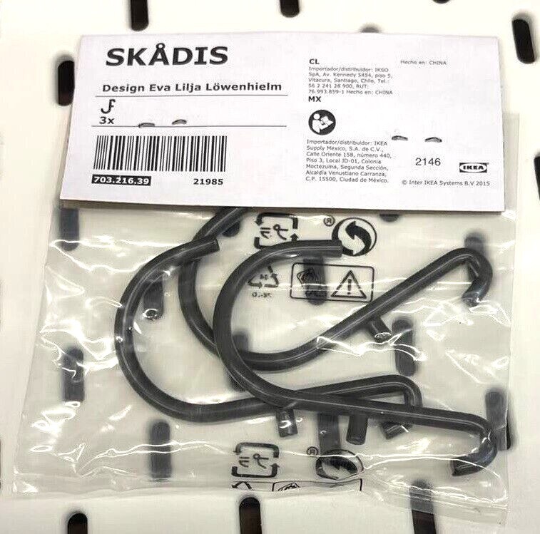 IKea SKADIS Hook Steel Gray 3 Pack 703.216.39 Hooks for PegBoard 1¾ x 2¾ ” NEW