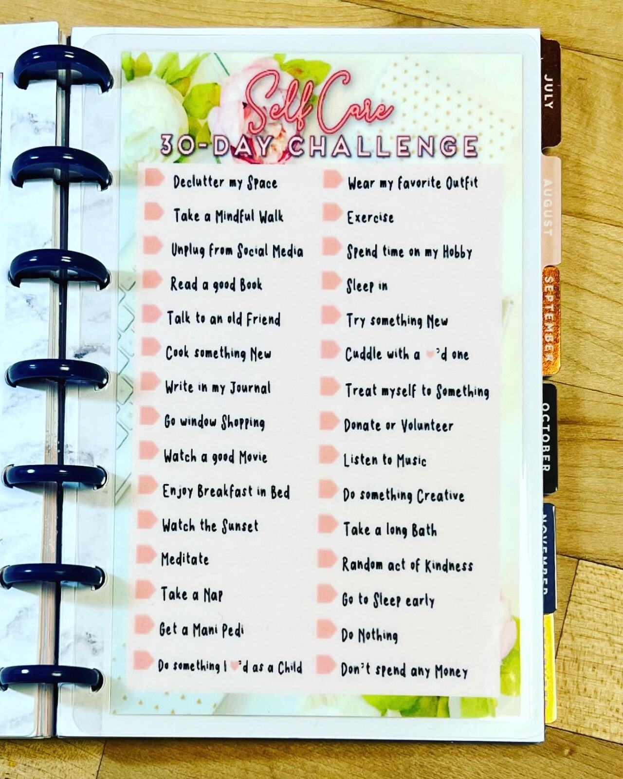 Self Care 30 Thirty Day Challenge Dashboard Insert 4 use w/ Mini Happy Planner